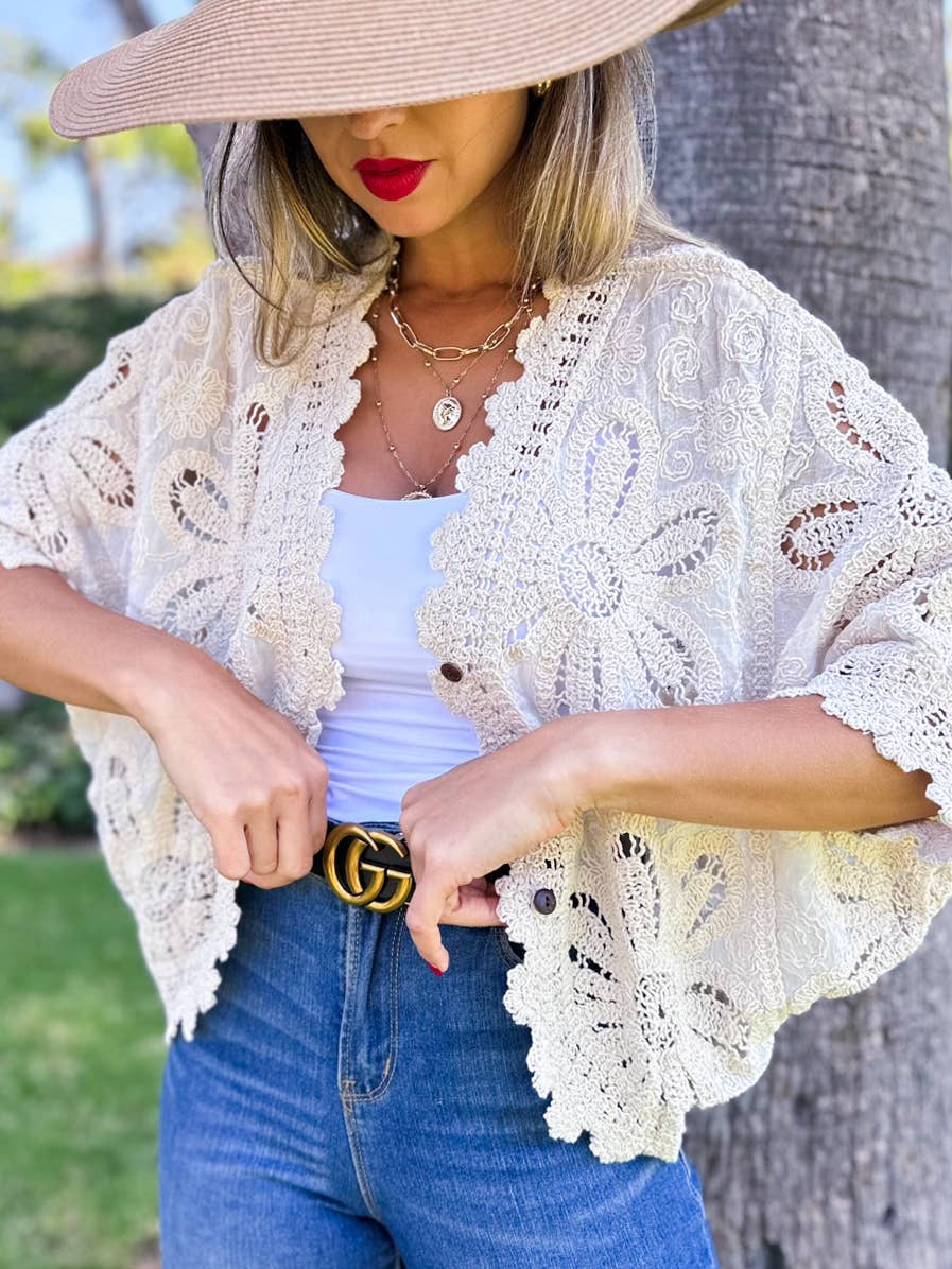 Boho Floral Crochet Button Down Cardigan with Dolman Sleeves: Ivory / One Size