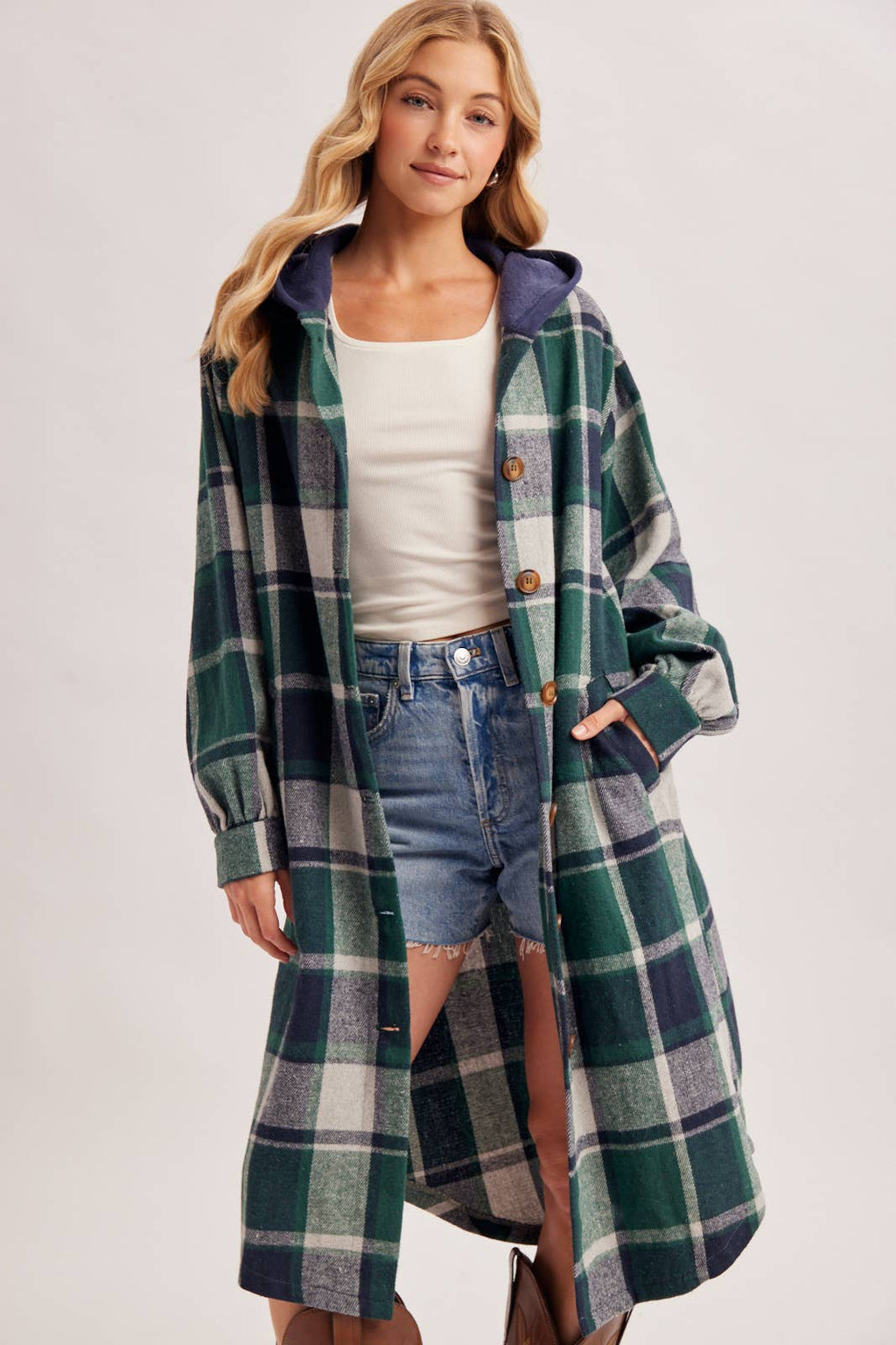 LONGLINE PLAID HOODED JACKET