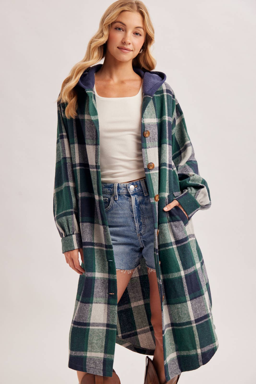 LONGLINE PLAID HOODED JACKET