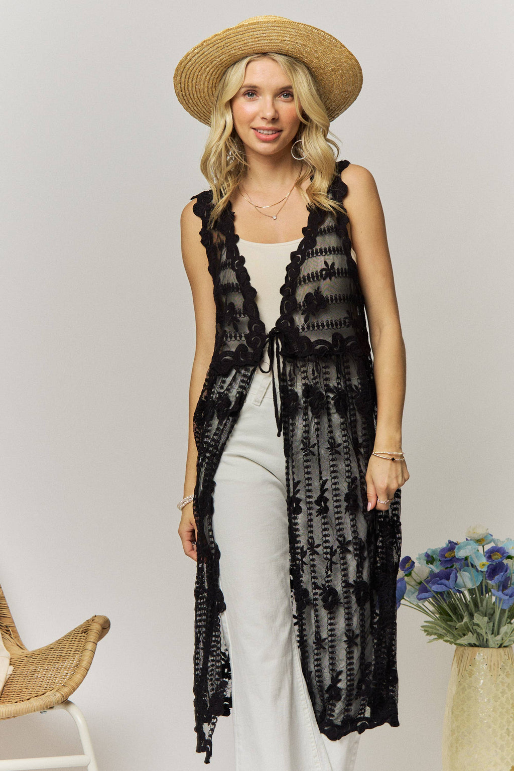 SHEER LACE LONGLINE VEST- LEJ4290: BEIGE / SM-ML(3-3)