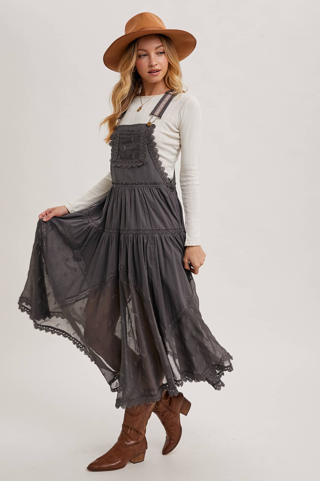 LACE EMBROIDERED TULLE BIB MAXI DRESS: ASH