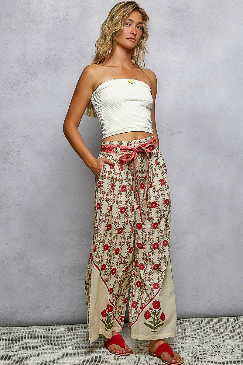 Waist Belt Floral Pattern Straight Fit Pants: CREAM MULTI / S