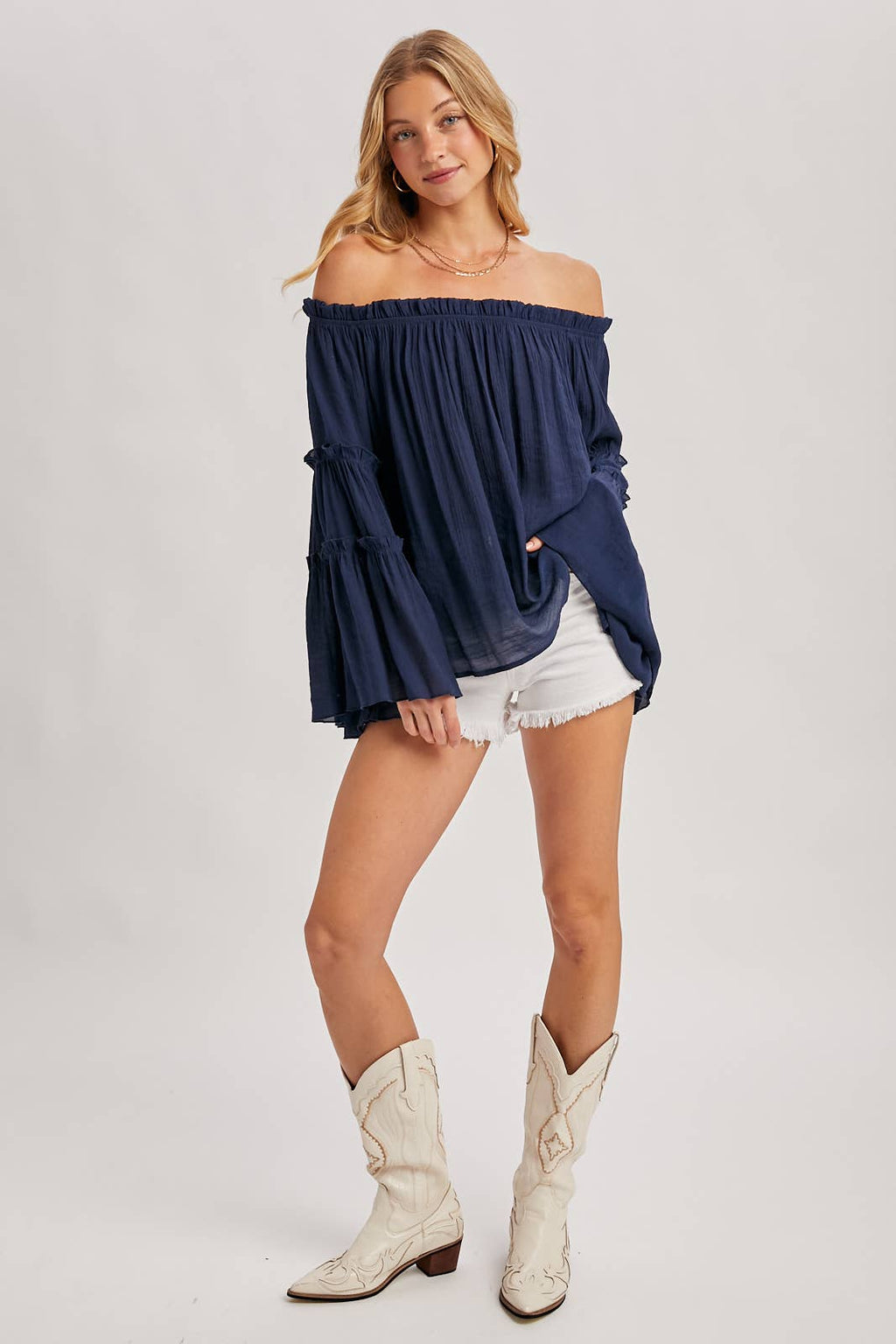 TEXTURED BELL SLEEVE OFF THE SHOULDER TOP: ROSE / S