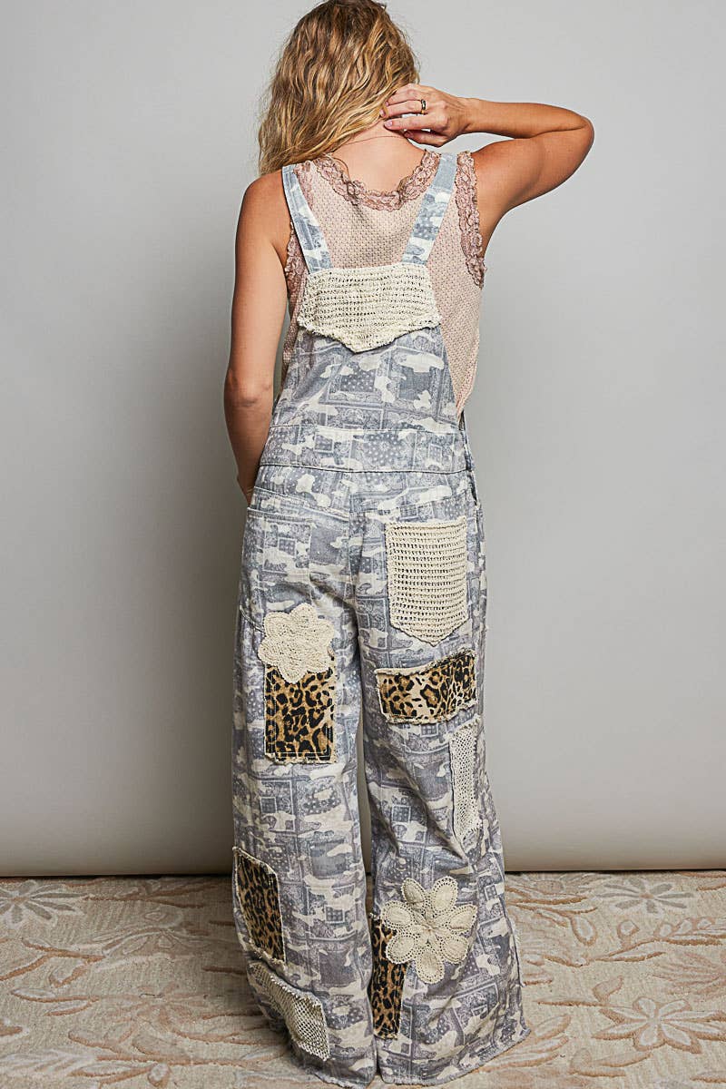 Crochet Contrast Patch Detail Chest Pocket Woven Overalls: ALMOND CAMO / L