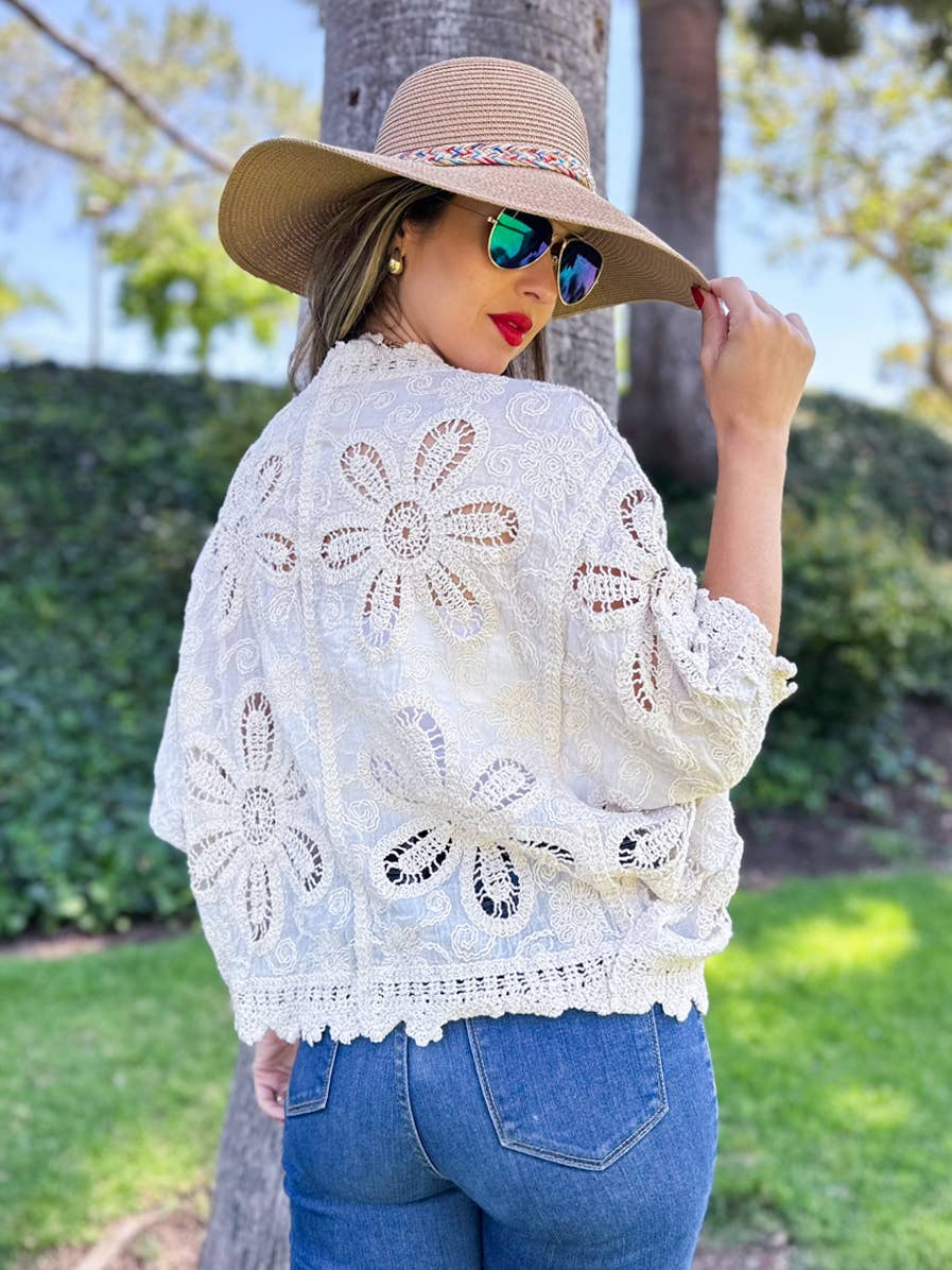 Boho Floral Crochet Button Down Cardigan with Dolman Sleeves: Ivory / One Size