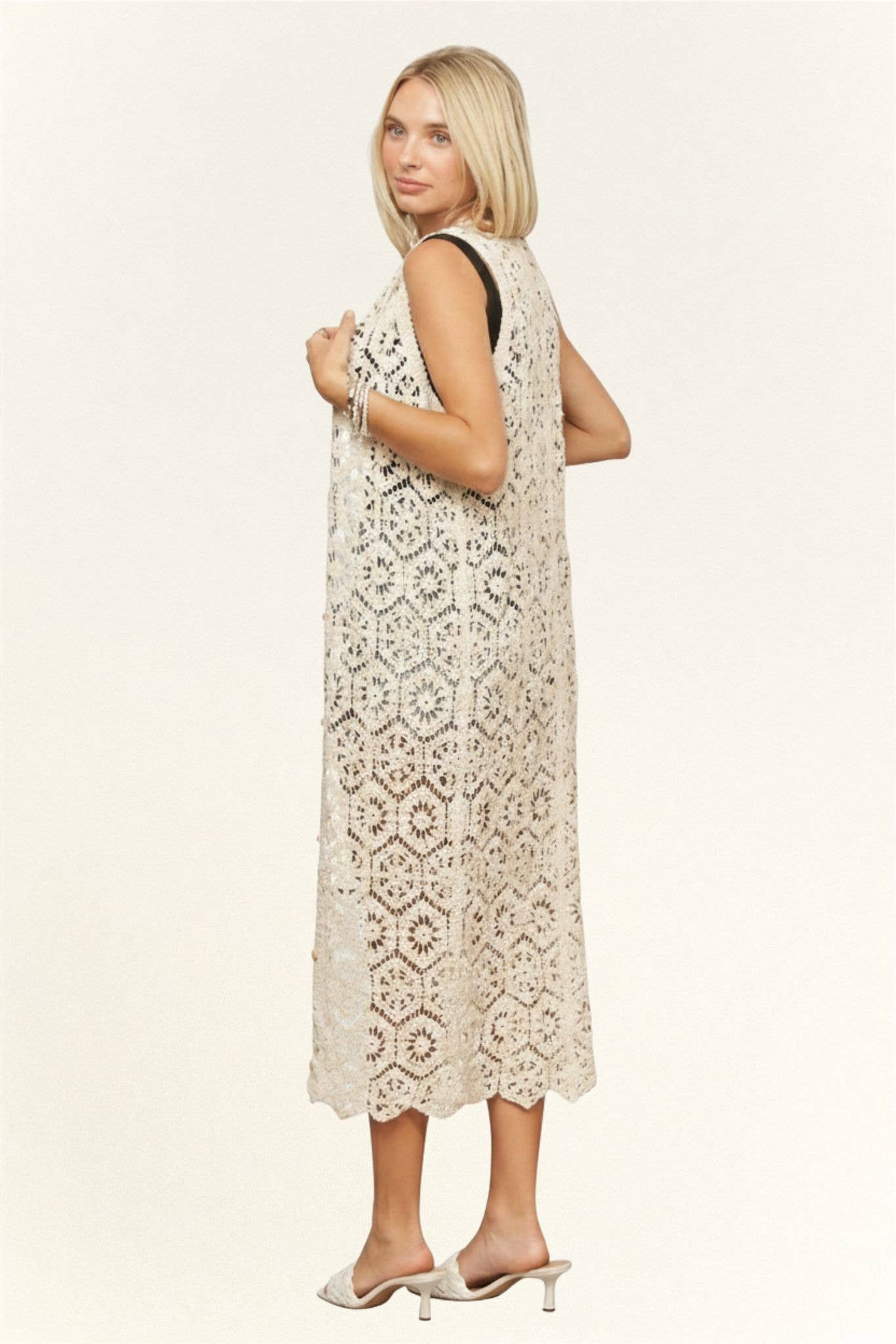 LONG CROCHET CARDIGAN VEST- LEJ4076: BEIGE / SM-ML(3-3)