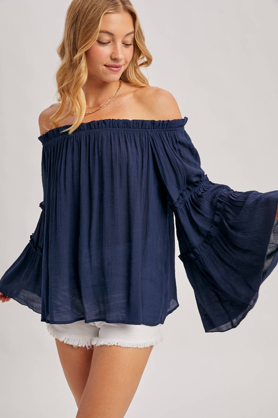 TEXTURED BELL SLEEVE OFF THE SHOULDER TOP: ROSE / S