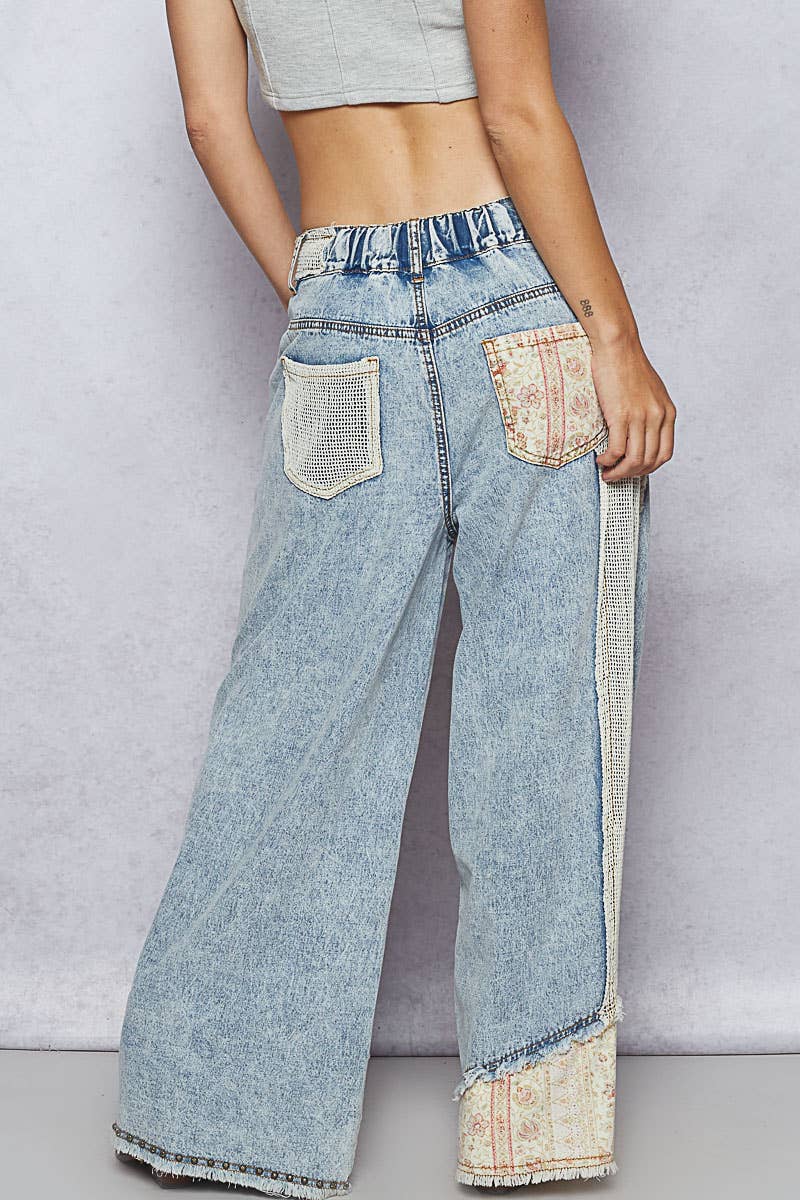 Stud Detail Woven Denim Pants: SAND LEOPARD / S
