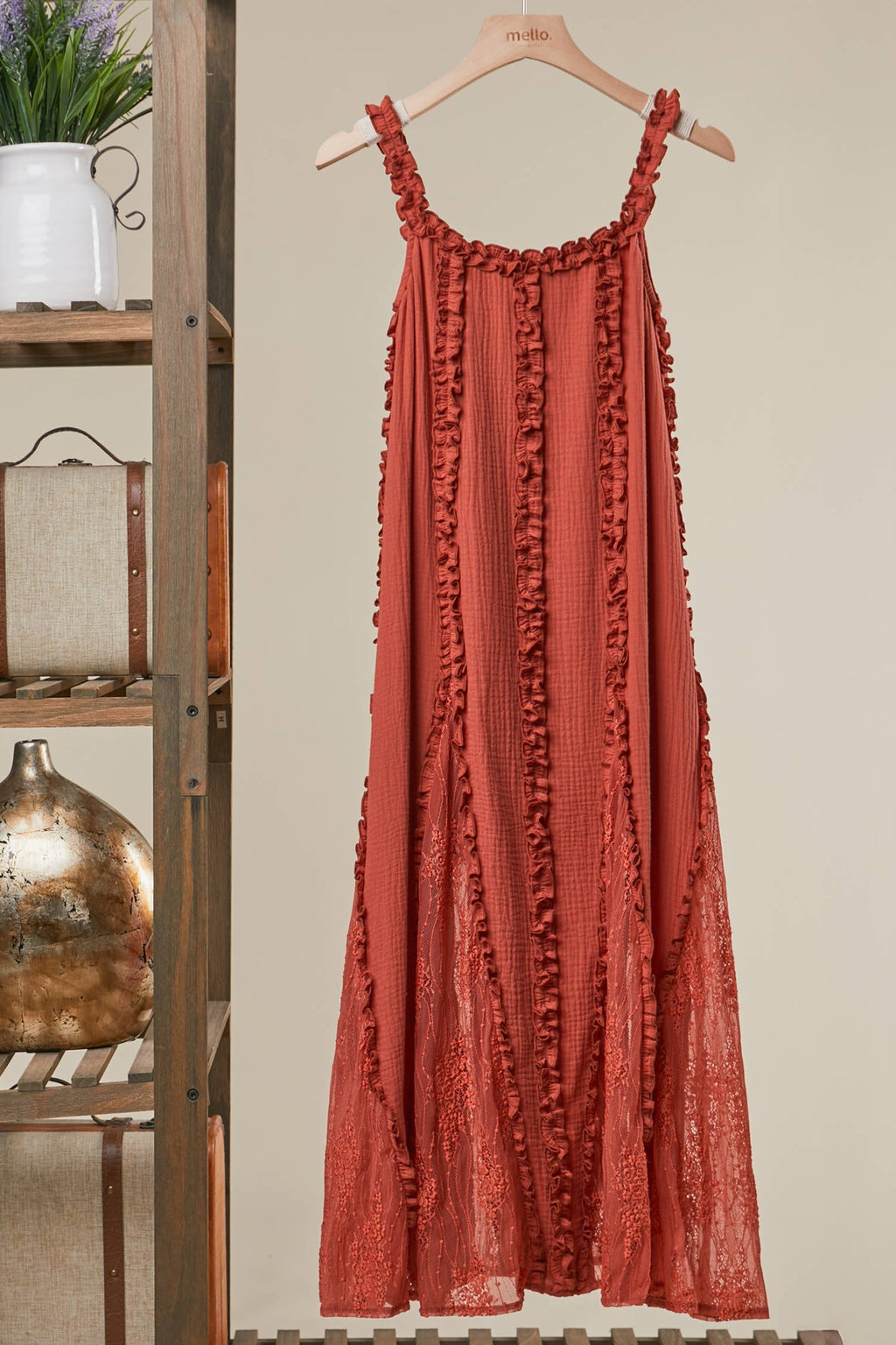 RUFFLED BOHO MAXI DRESS: Rust / S