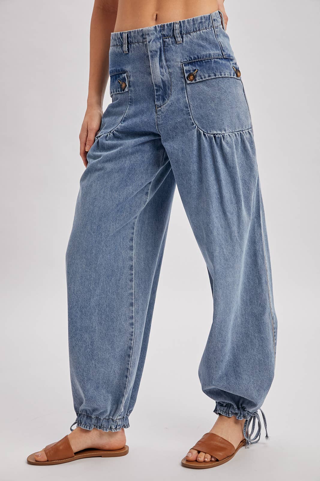 DENIM ANKLE DRAWSTRING BALLOON JEANS: DK.WASH / S