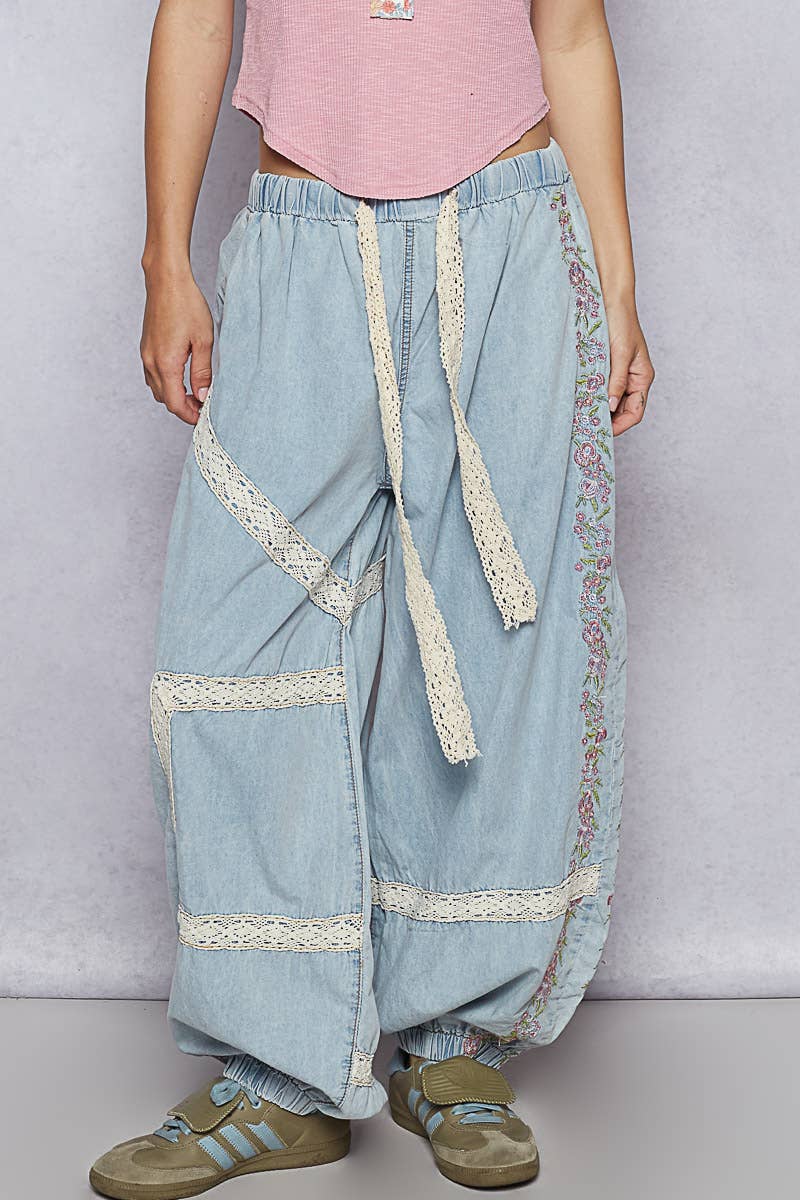 Vintage Washed Embroidery Trim Point Jogger Pants: NAVY CHARCOAL / L