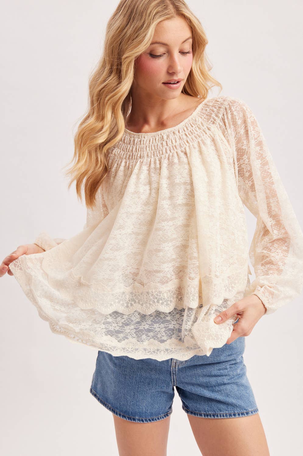 LAYERED LACE TIE-FRONT CLOSURES 2-WAY BLOUSE - EASTER DAY: ECRU / M/L