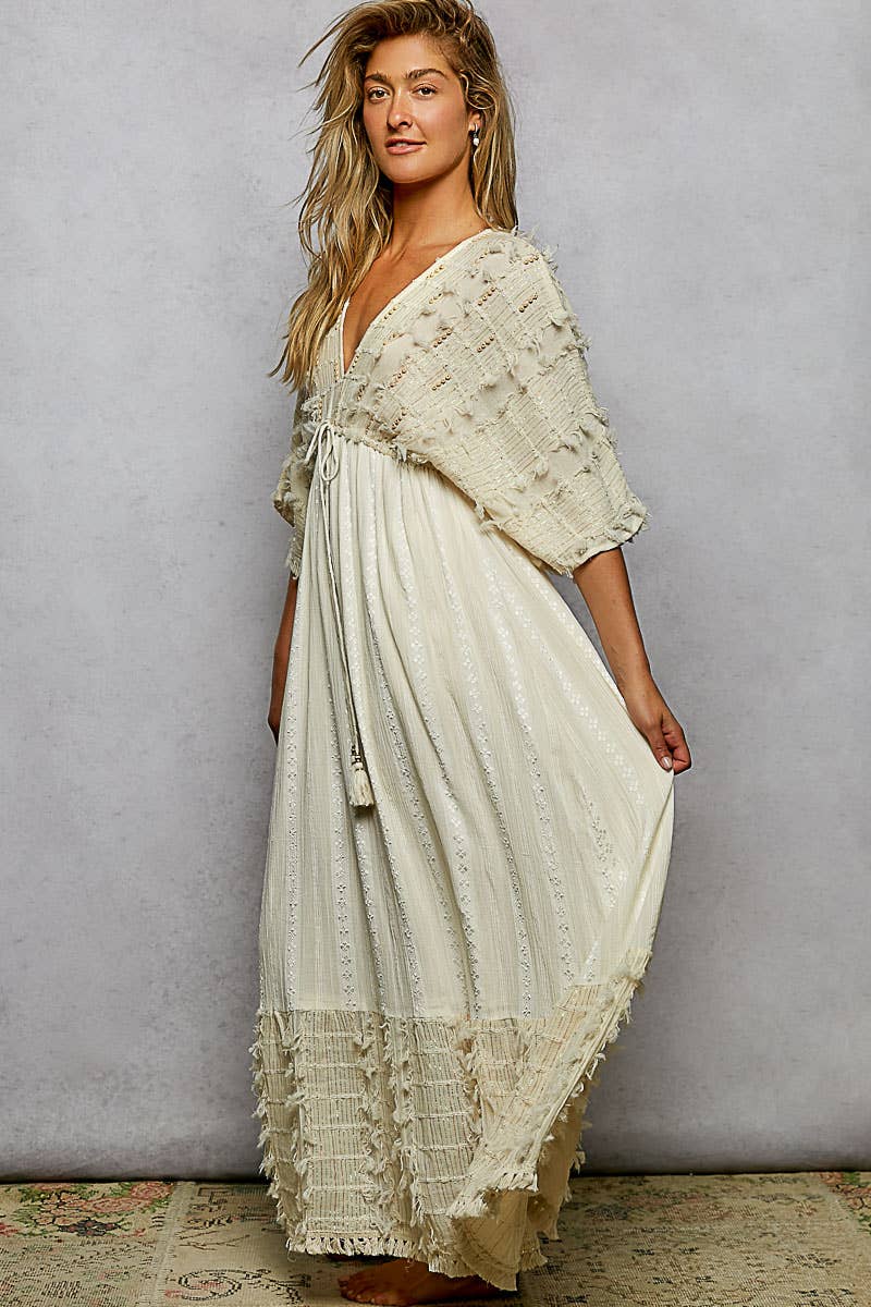 V-neck Metal Button Down Textured Linen Solid Maxi Dress: NATURAL / M