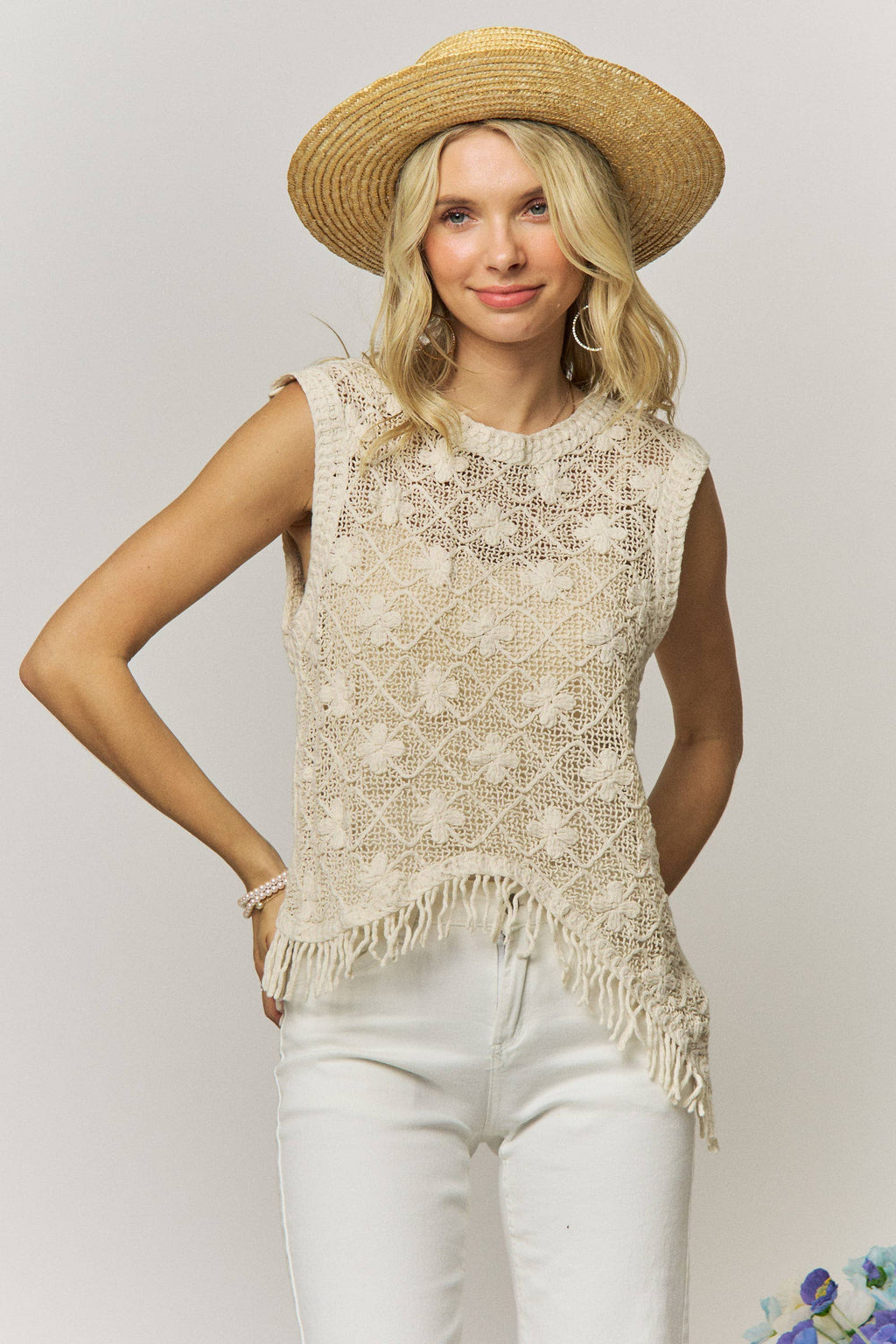 FRINGE HEM CROCHET TOP- LET4265: BEIGE / ONESIZE(6)