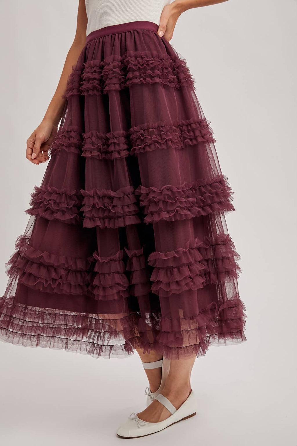 ROMANTIC RUFFLE TIERED TULLE MIDI SKIRT: PLUM / L