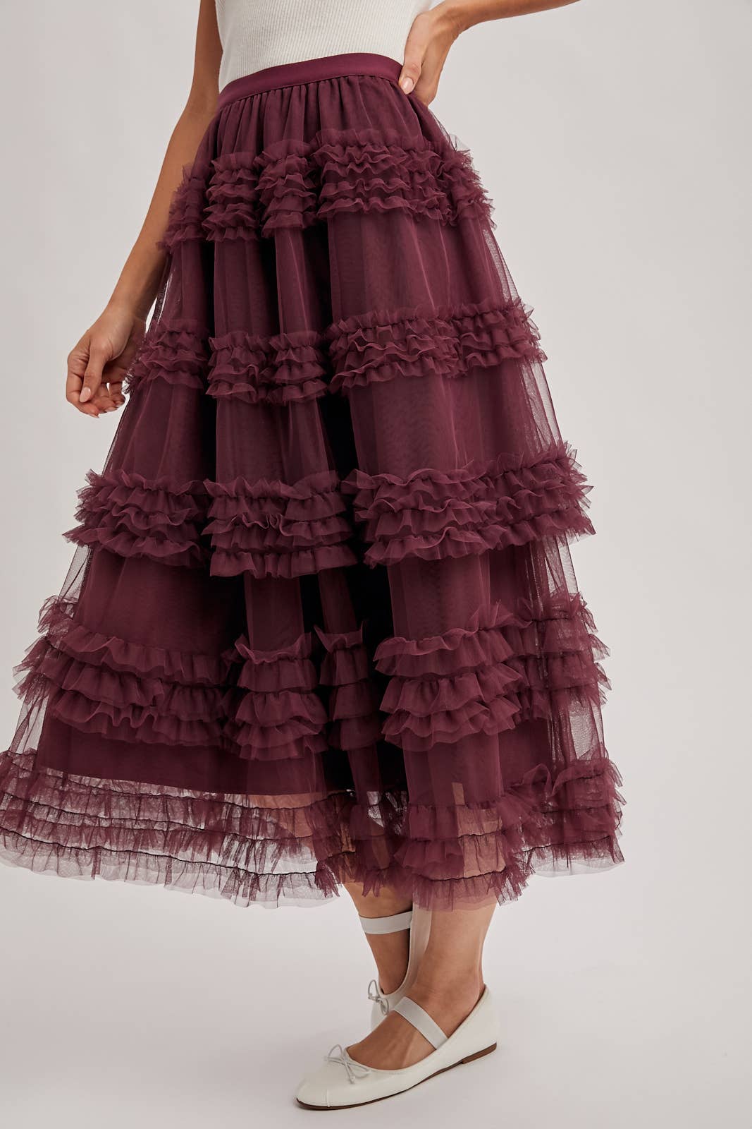 ROMANTIC RUFFLE TIERED TULLE MIDI SKIRT: PLUM / L