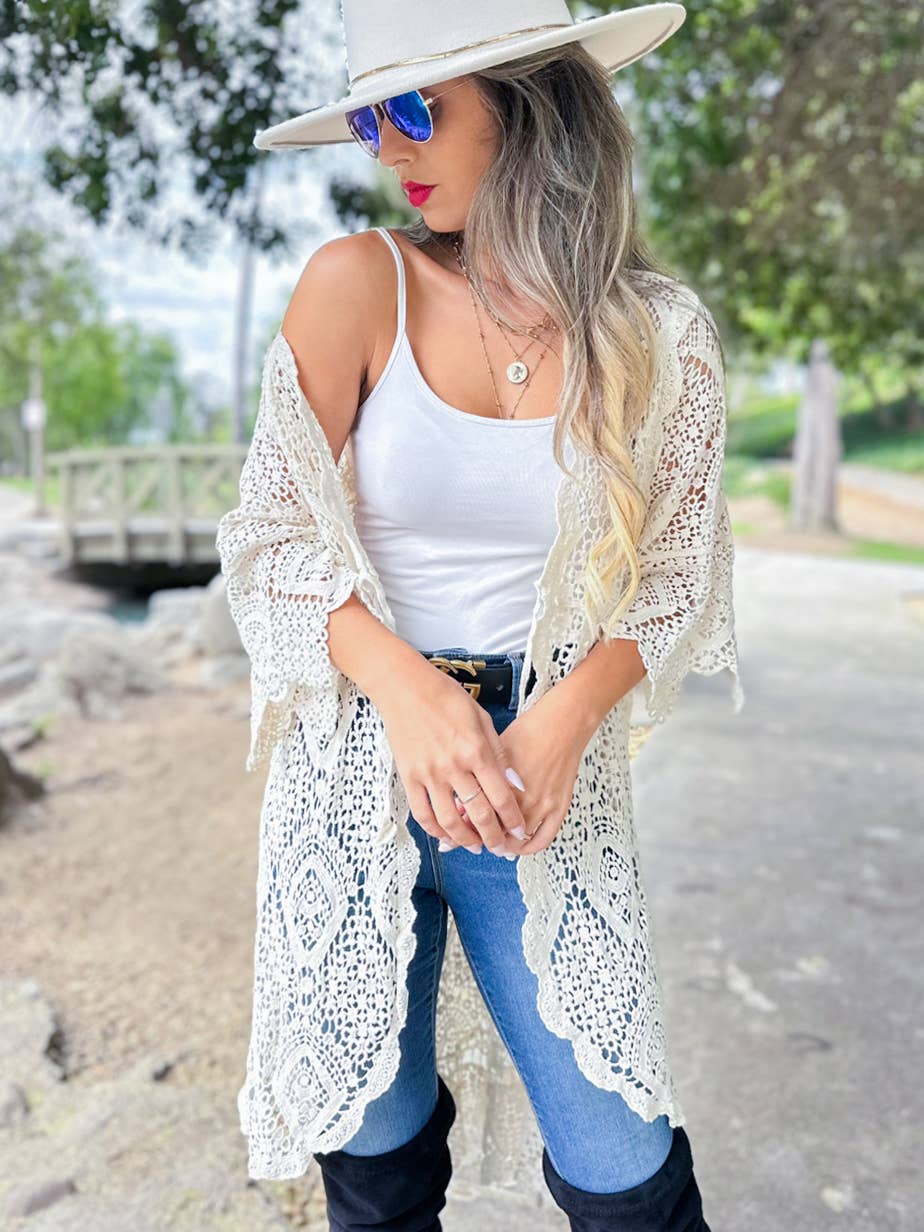 Unique Boho Open Front High-Low Crochet Cardigan With Tie: Ivory / One Size