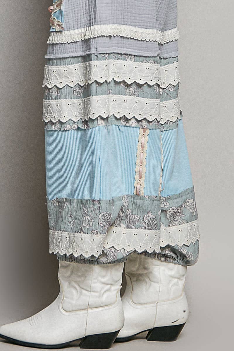 Double Gauze Trim Floral Patch Waistband Jogger Pants: Pink