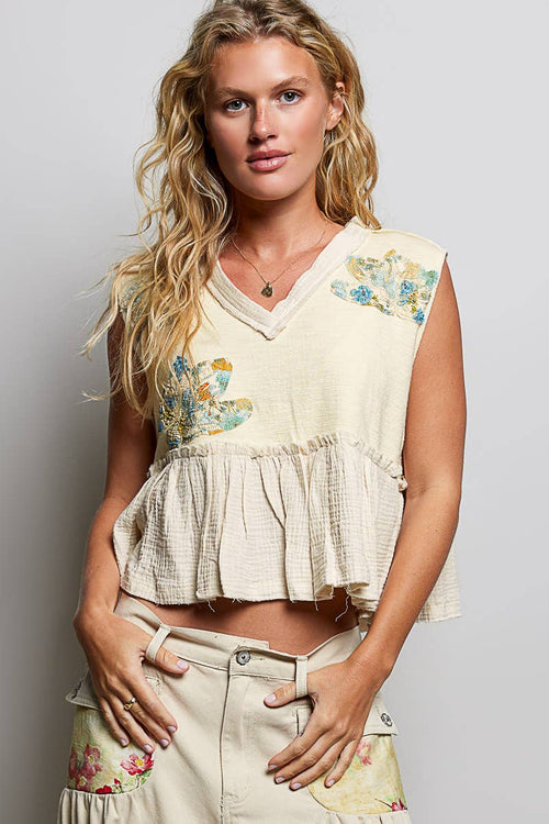 Boho Floral Patch V-Neck Sleeveless Top: NATURAL