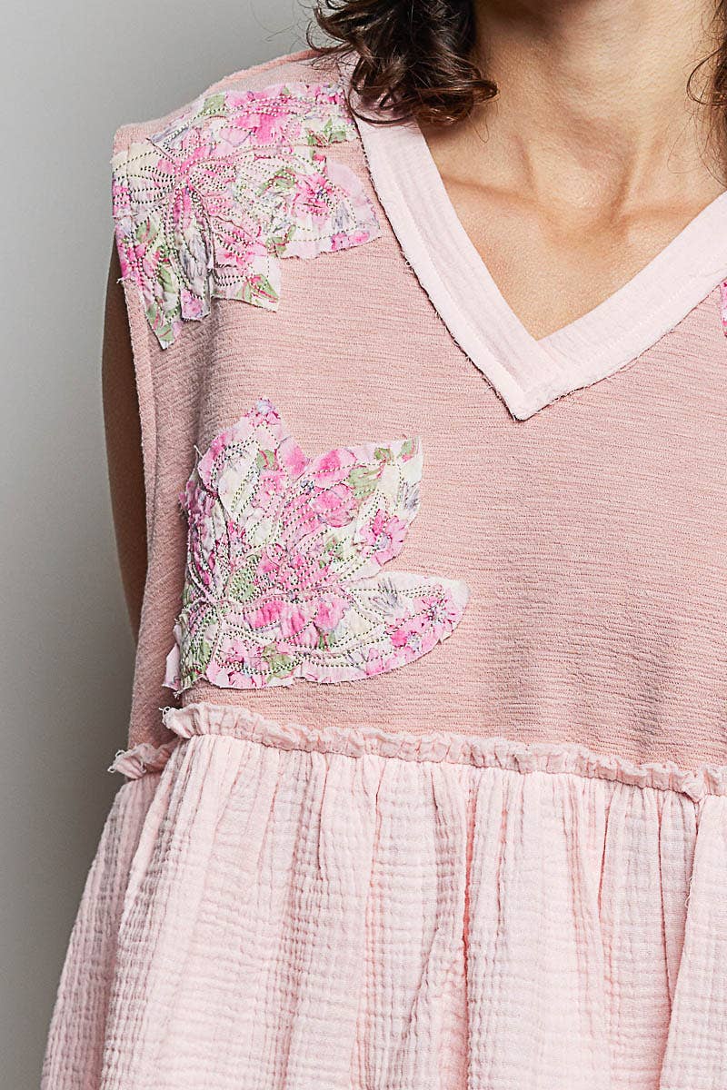Boho Floral Patch V-Neck Sleeveless Top: NATURAL
