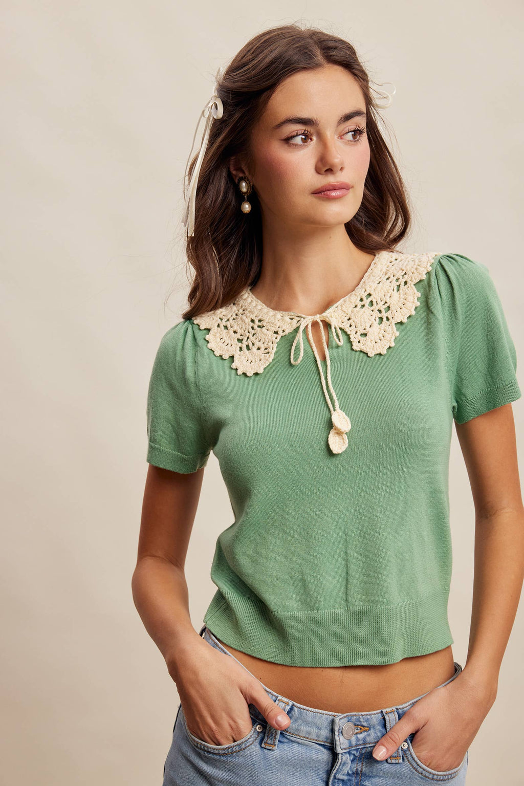 Crochet Collar Short Sleeve Knit Top LSW1048