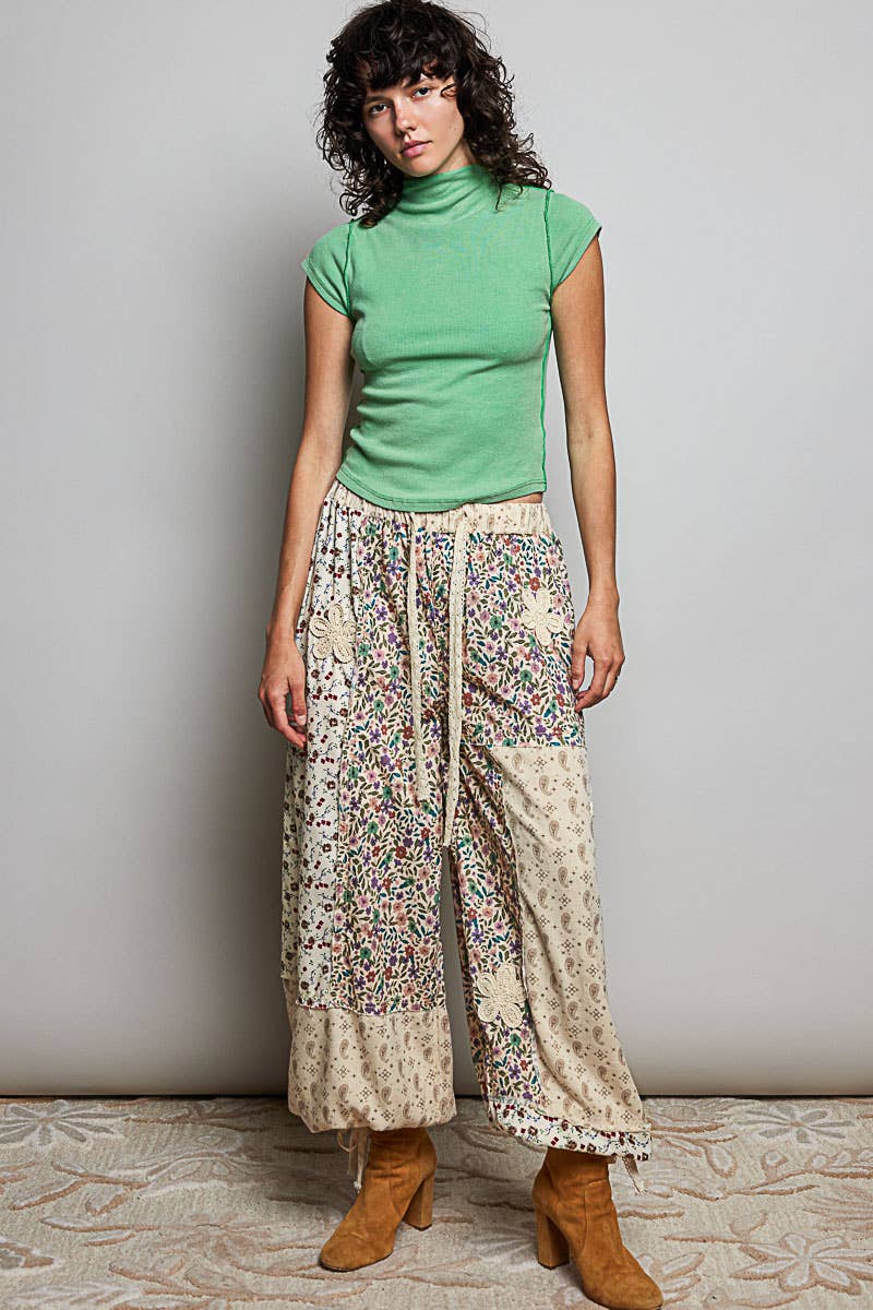 Crochet Patch Detail Contrast Patchwork Printed Woven Pants: CREAM MULTI / S