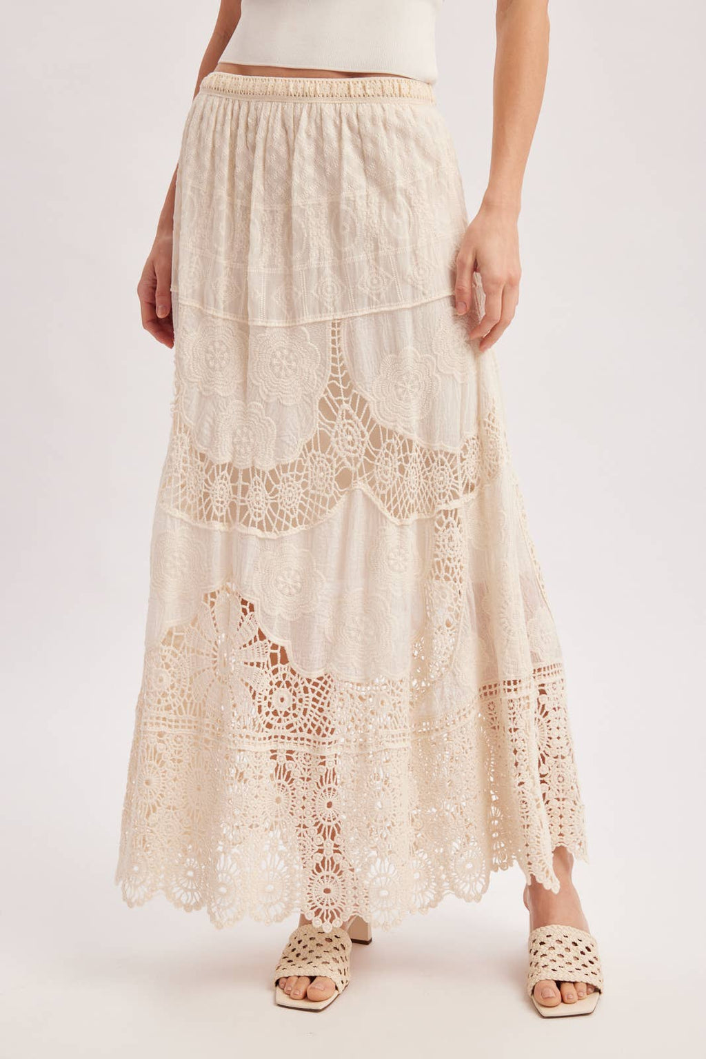 BOHO SHEER LACE MAXI SKIRT WITH LINING: NATURAL / S