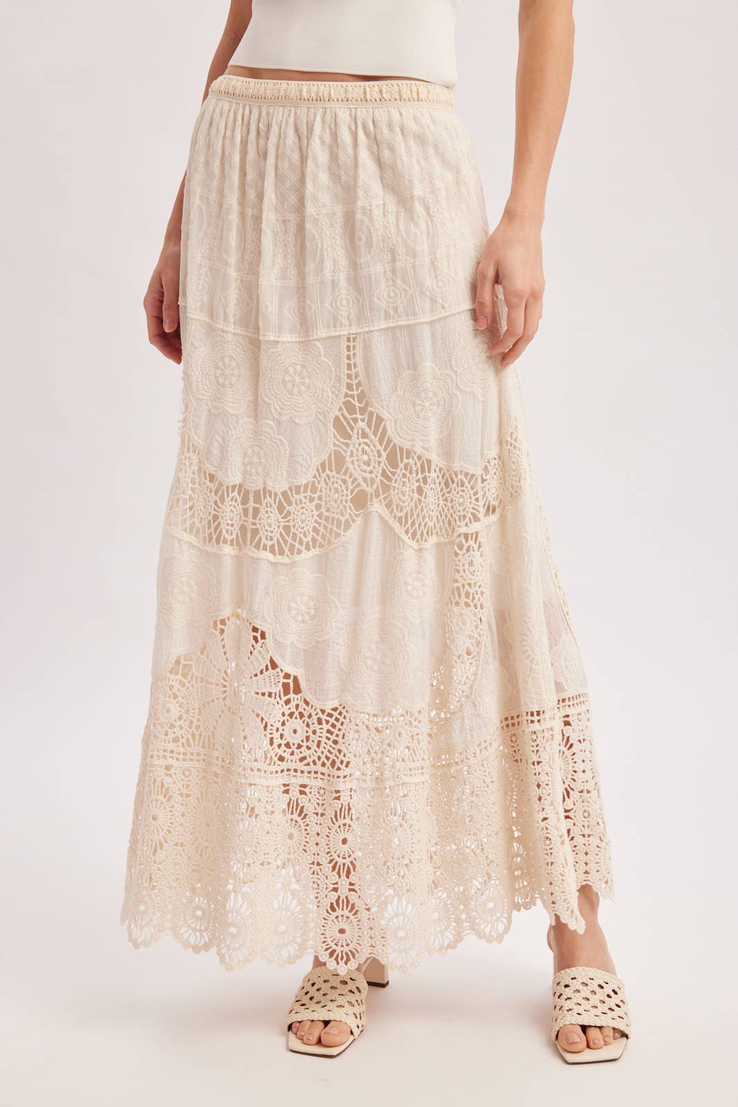 BOHO SHEER LACE MAXI SKIRT WITH LINING: NATURAL / S