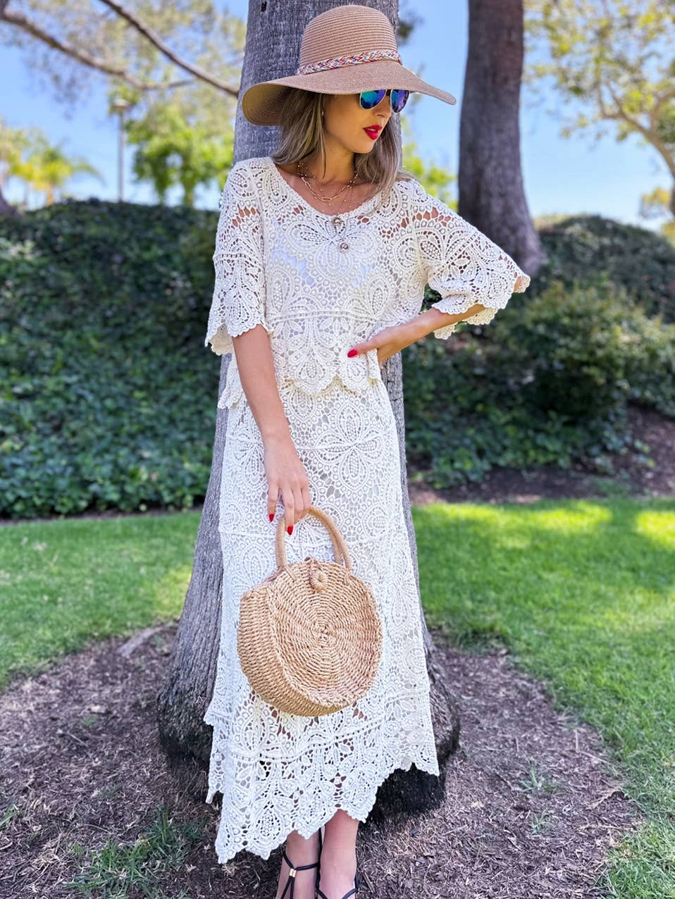 Boho Floral Crochet Maxi Skirt | Matching Set Available: Ivory / One Size