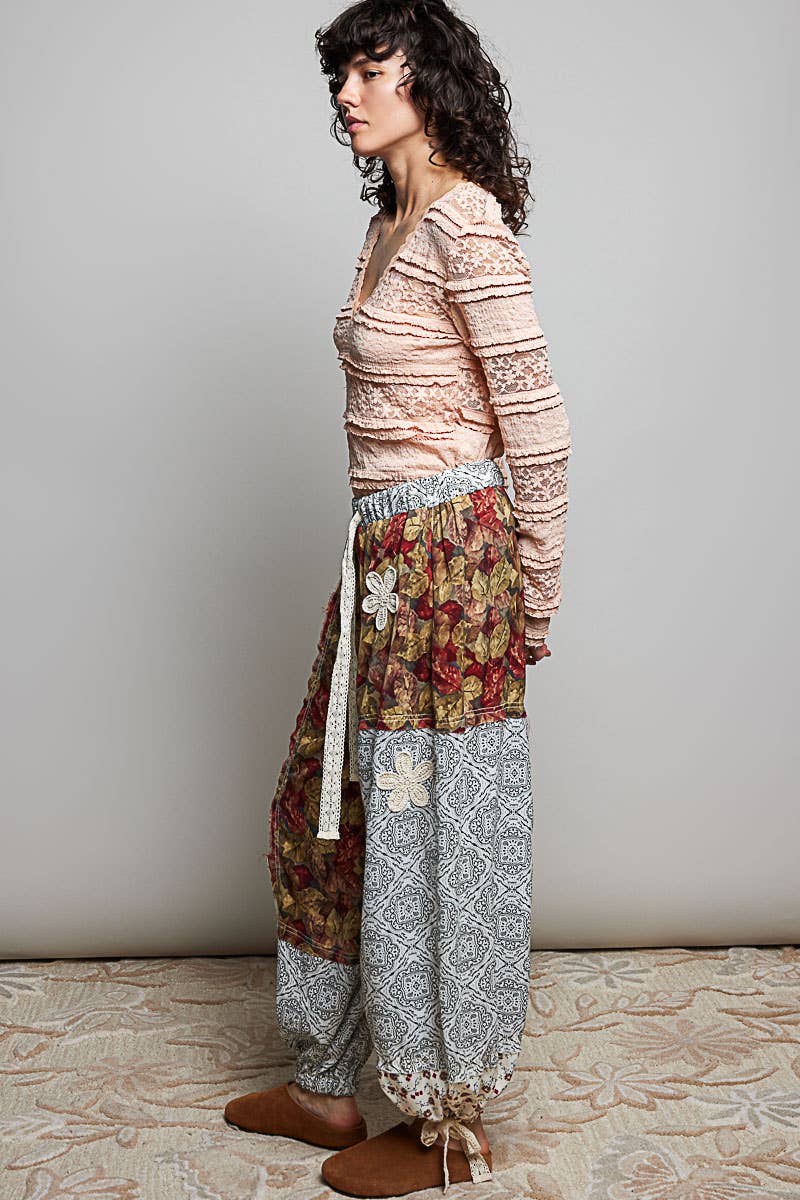 Crochet Patch Detail Contrast Patchwork Printed Woven Pants: CREAM MULTI / L