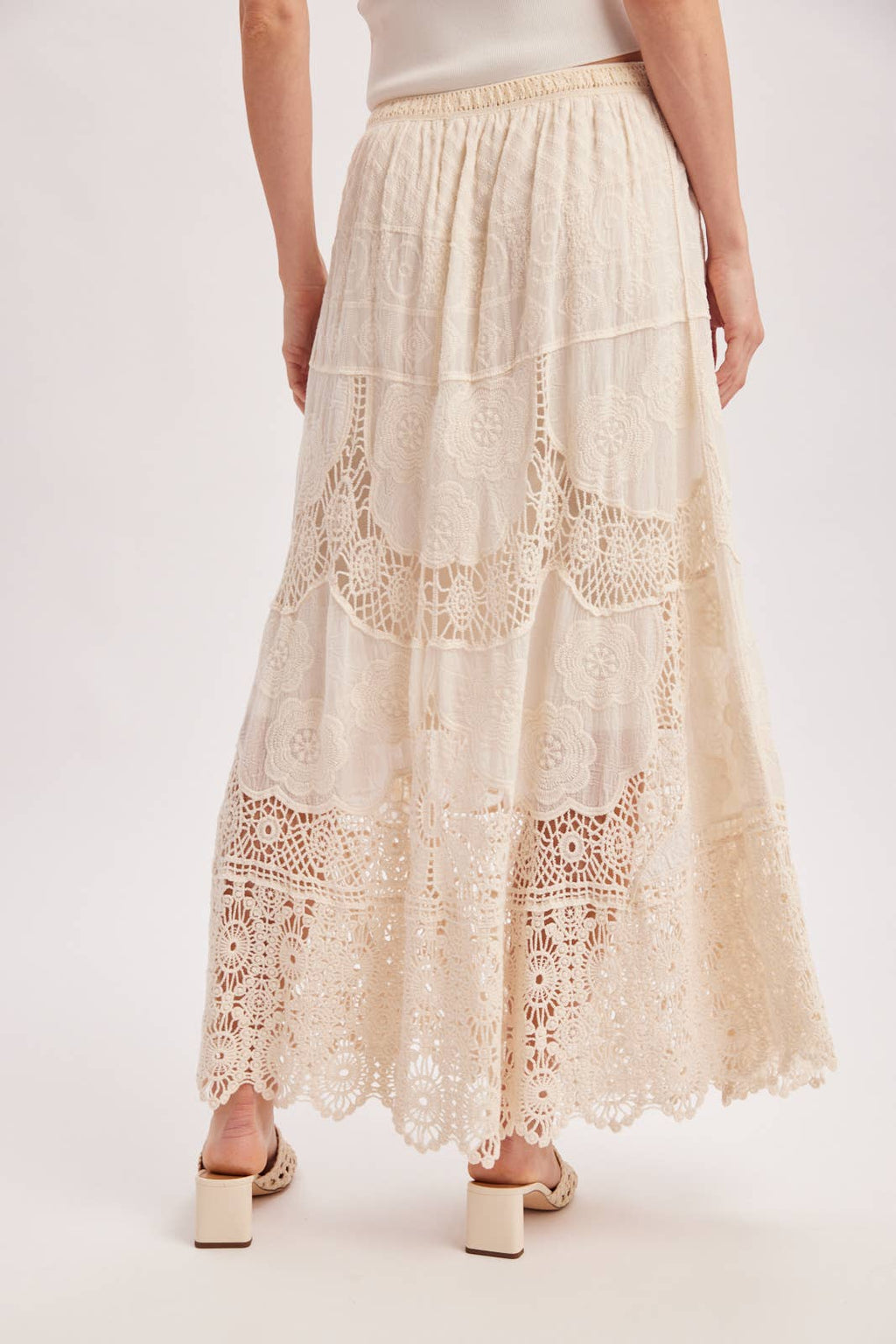BOHO SHEER LACE MAXI SKIRT WITH LINING: NATURAL / M