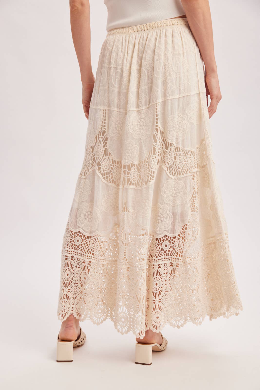 BOHO SHEER LACE MAXI SKIRT WITH LINING: NATURAL / M