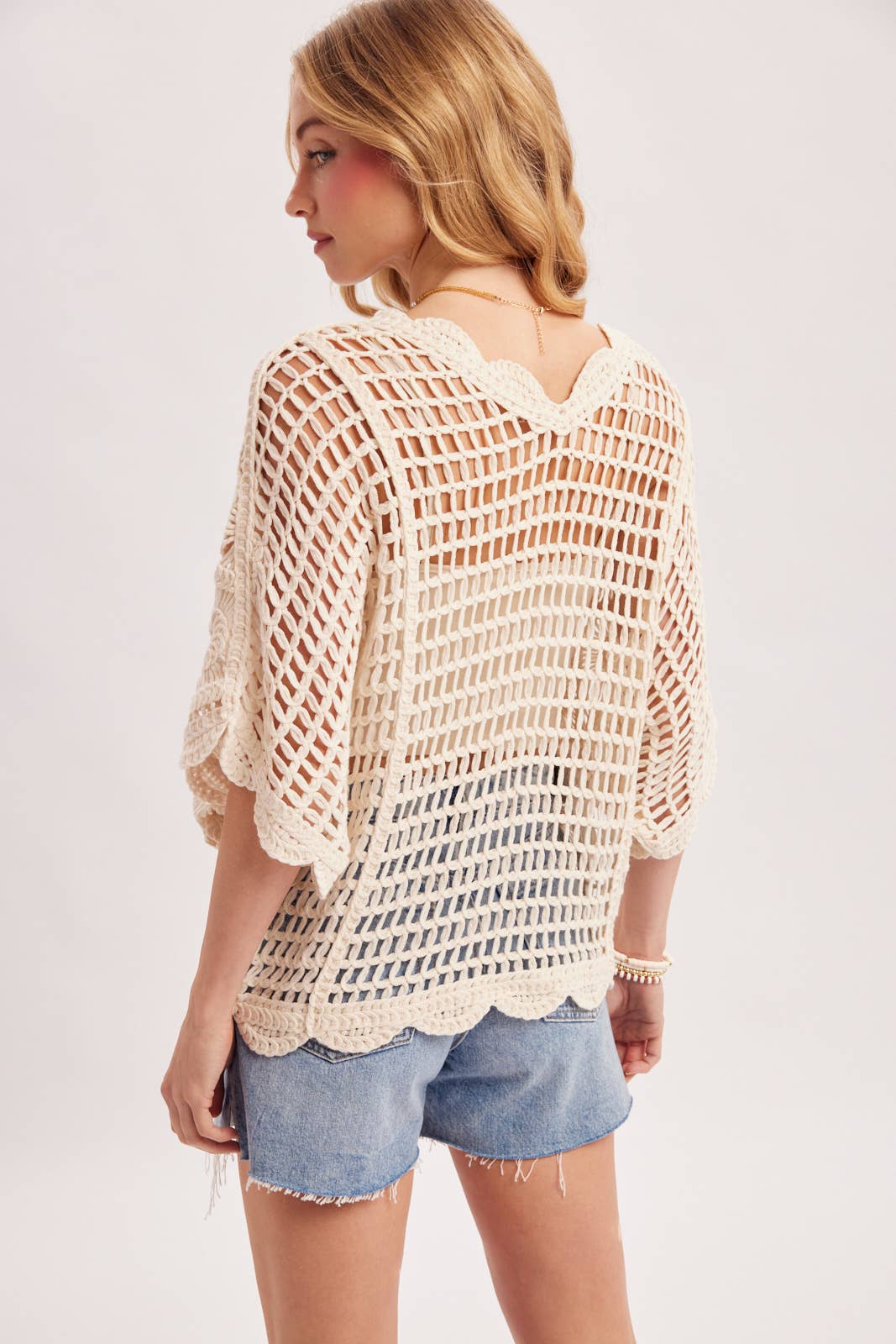 V-NECK OPEN-WORK CROCHET TOP: NATURAL / S/M
