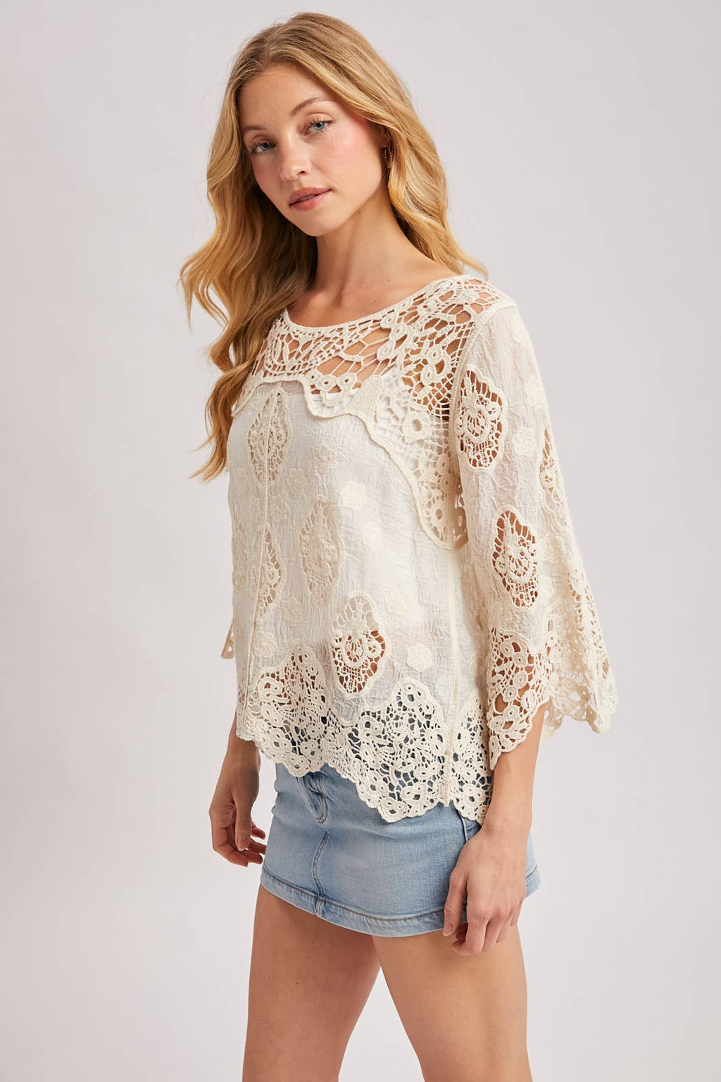 BOHO SHEER CROCHET 3/4 SLEEVED TOP - EASTER DAY: NATURAL / M