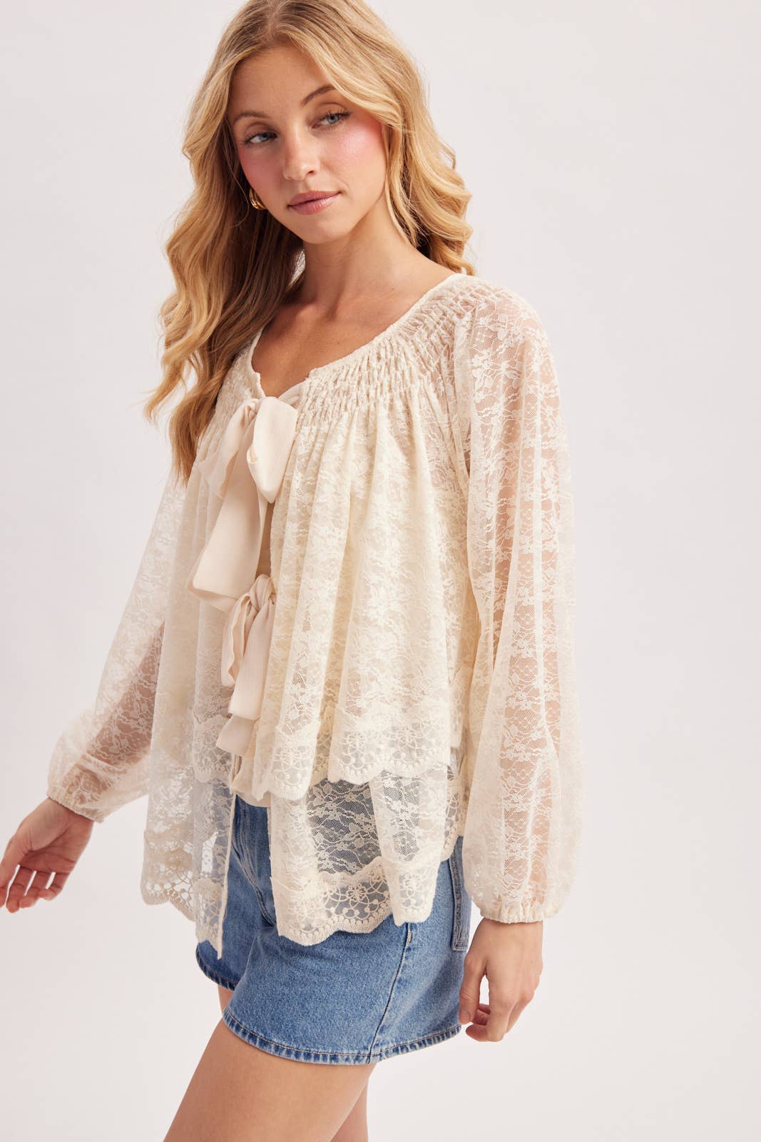 LAYERED LACE TIE-FRONT CLOSURES 2-WAY BLOUSE - EASTER DAY: ECRU / M/L