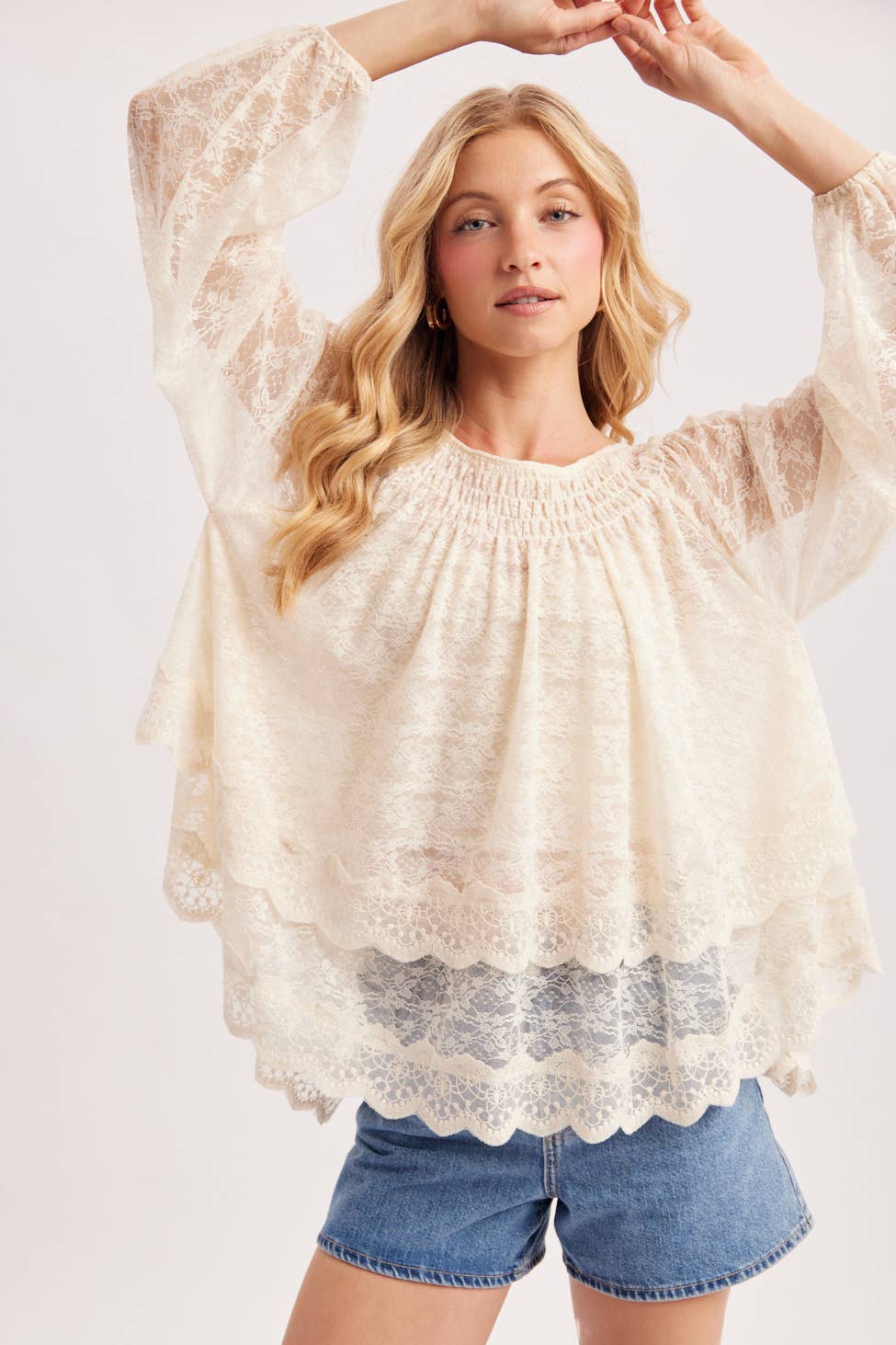 LAYERED LACE TIE-FRONT CLOSURES 2-WAY BLOUSE - EASTER DAY: ECRU / M/L