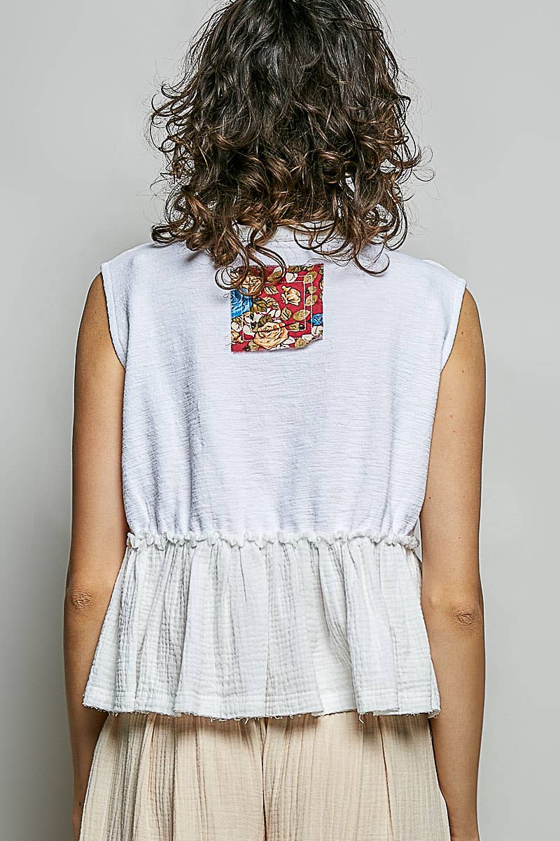 Boho Floral Patch V-Neck Sleeveless Top: NATURAL