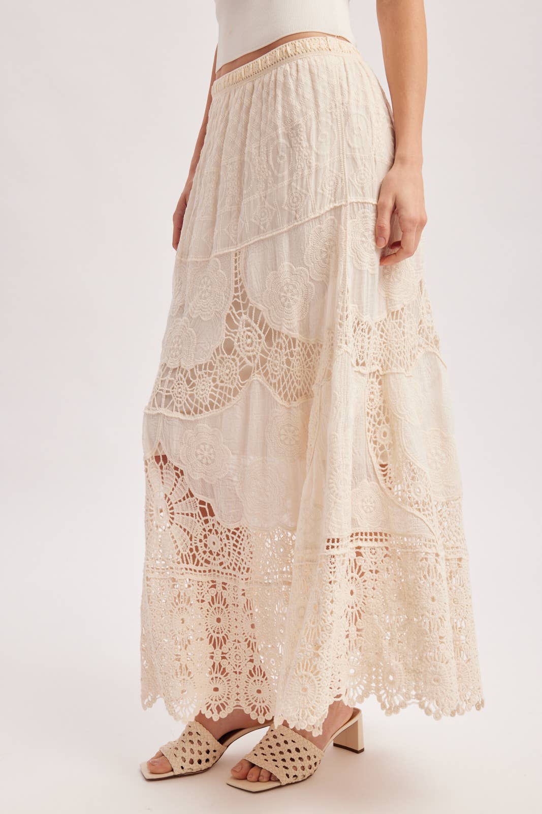 BOHO SHEER LACE MAXI SKIRT WITH LINING: NATURAL / M