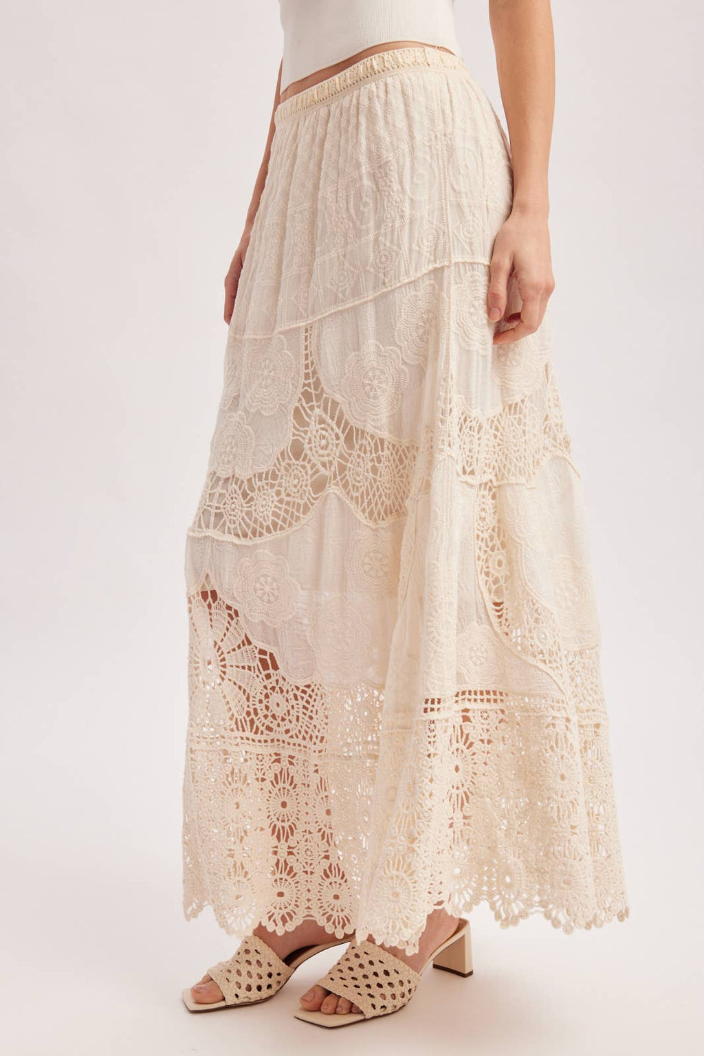 BOHO SHEER LACE MAXI SKIRT WITH LINING: NATURAL / L