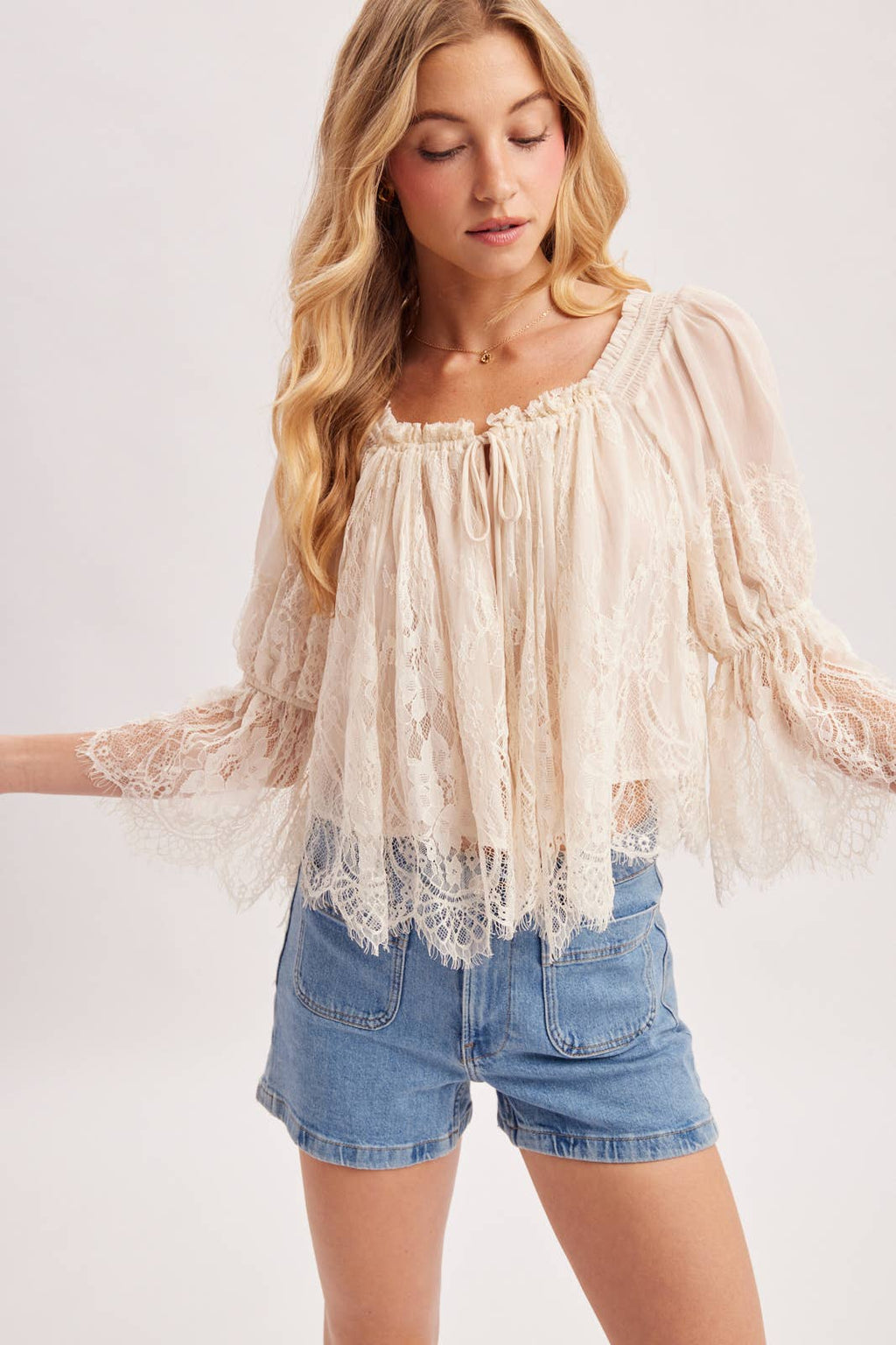 WIDE NECK RUFFLED EYELASH LACE BLOUSE - EASTER DAY: MAUVE / S