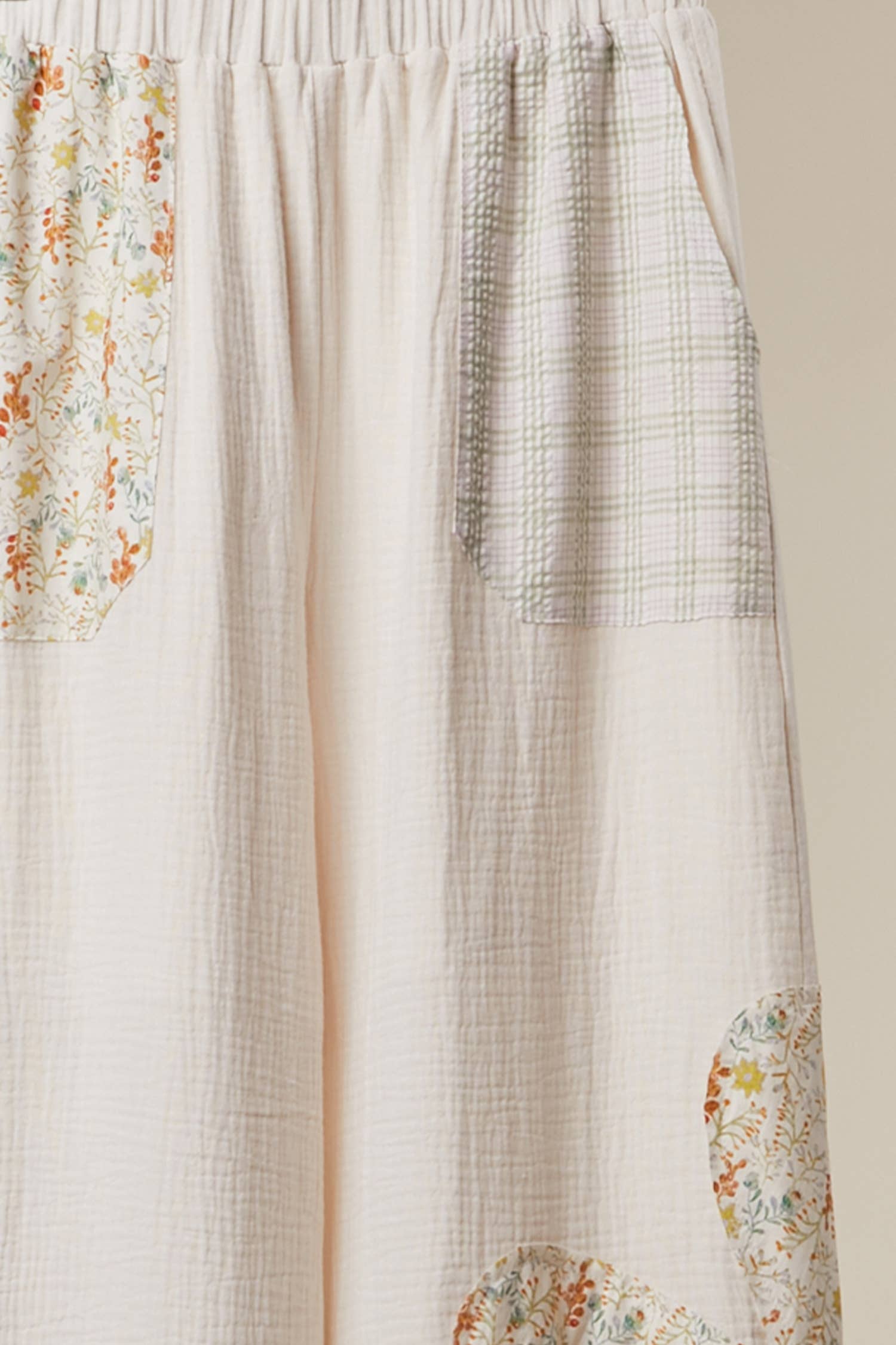Boho Patchwork Wide Leg Pants: Ivory Multi / S