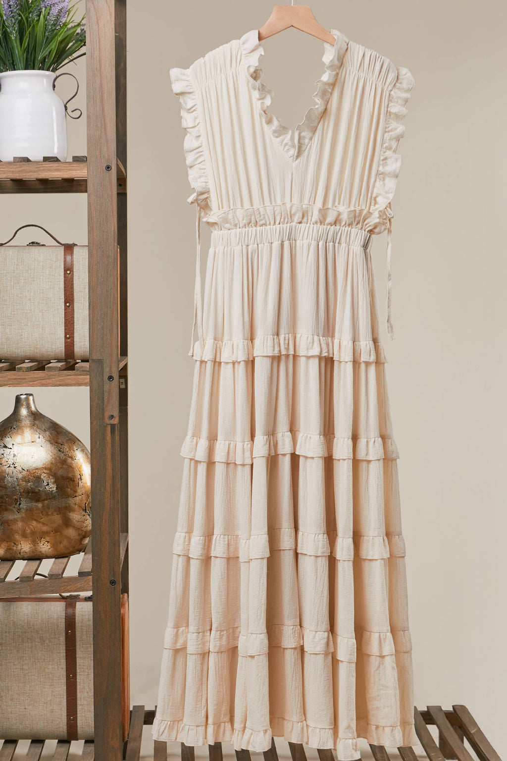 Ruffle Tiered Maxi Dress: Ivory / M