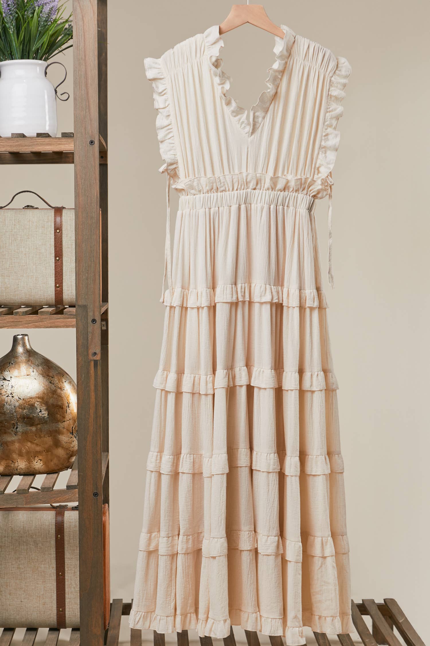 Ruffle Tiered Maxi Dress: Ivory / S