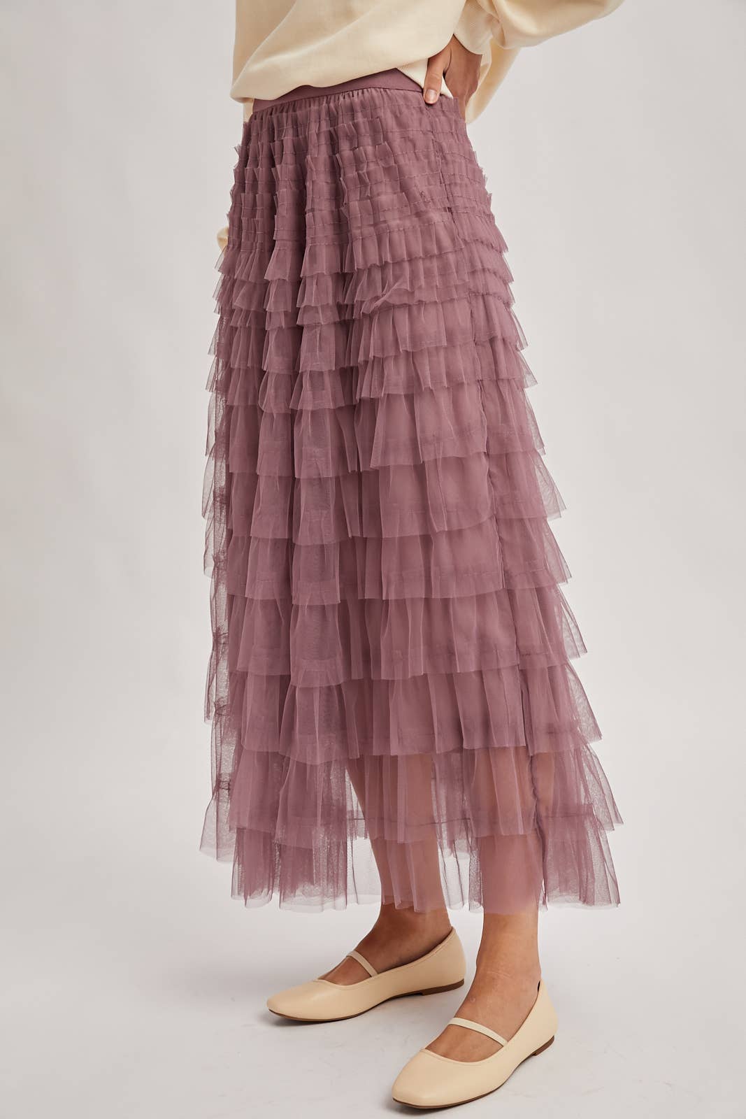 RUFFLED TULLE MIDI SKIRT: MAUVE / L