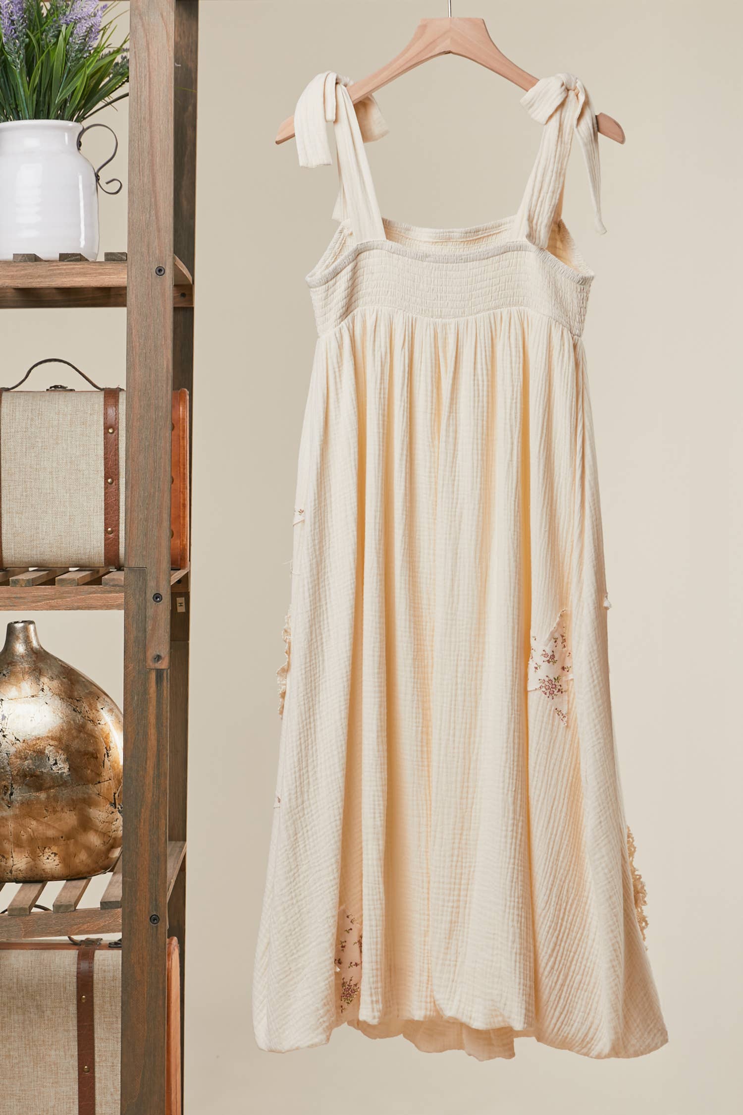 Peace Patchwork Ruffled Sleeveless Dress: Ivory