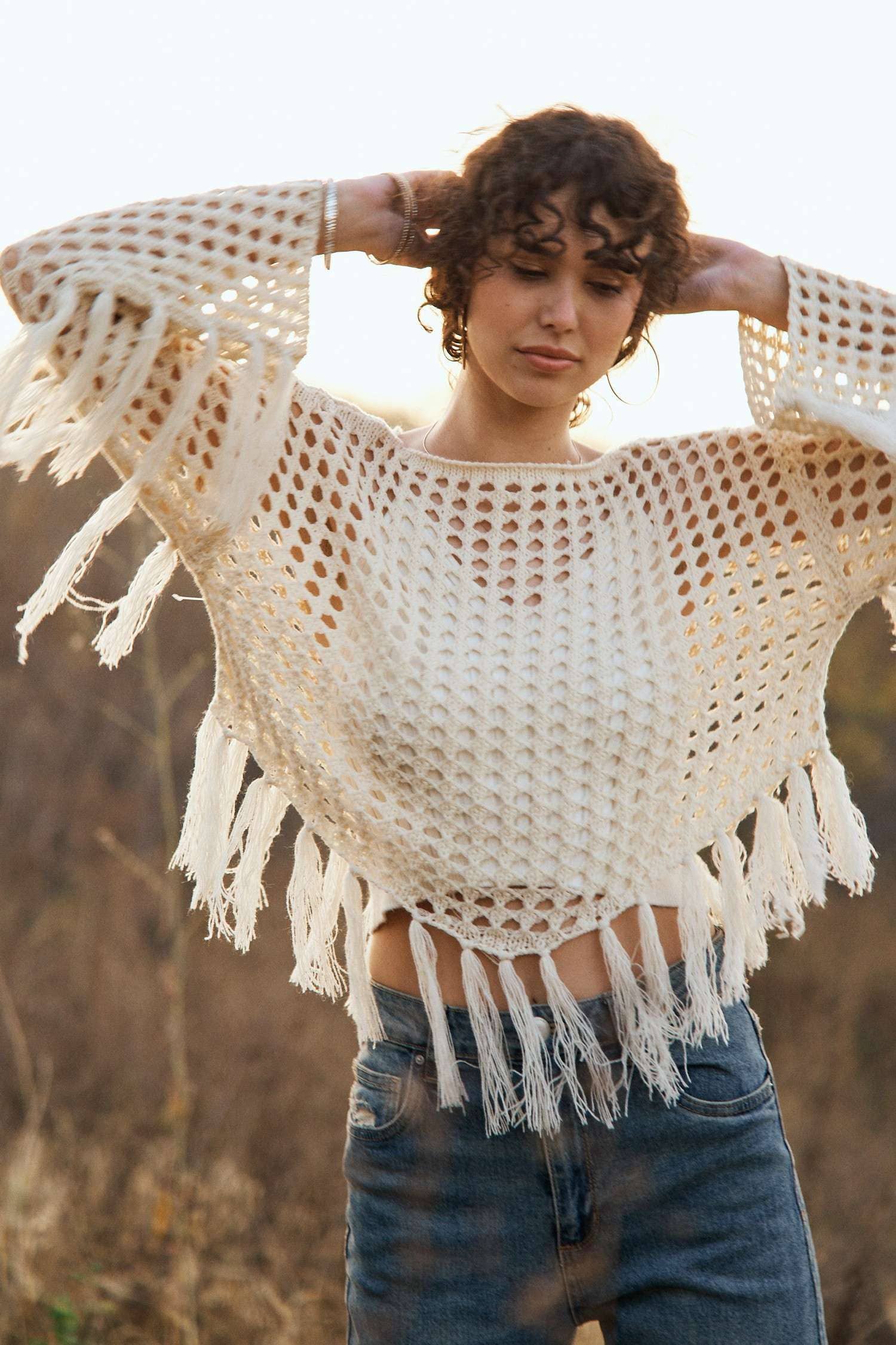 Boat Neck Fishnet Sweater with Fringe detail: Cream