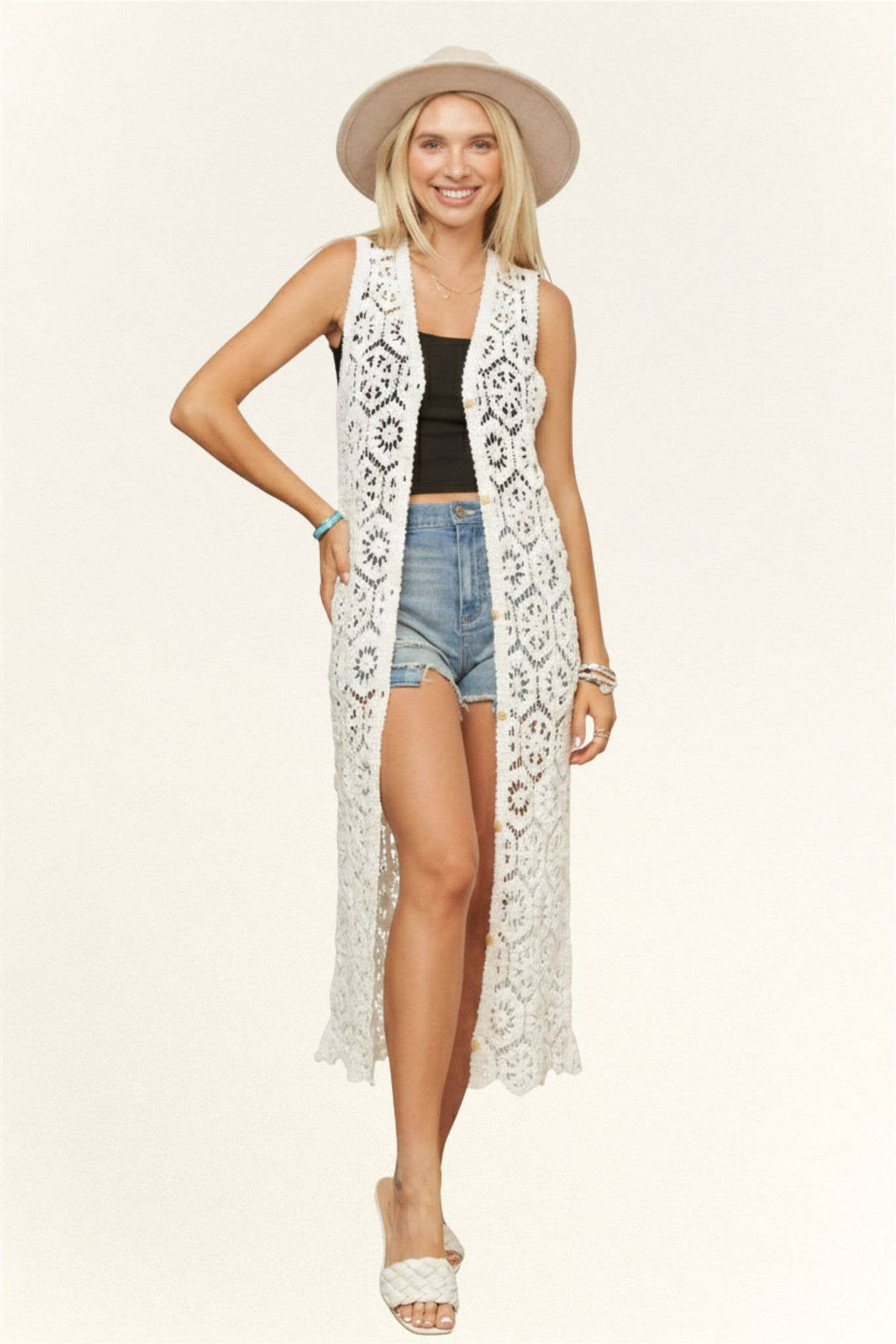 LONG CROCHET CARDIGAN VEST- LEJ4076: BEIGE / SM-ML(3-3)
