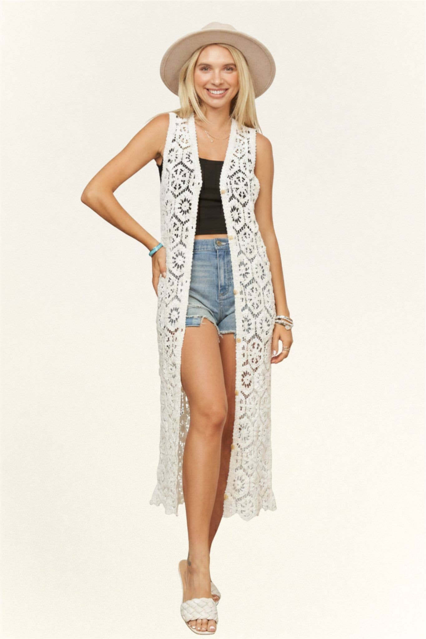 LONG CROCHET CARDIGAN VEST- LEJ4076: BEIGE / SM-ML(3-3)