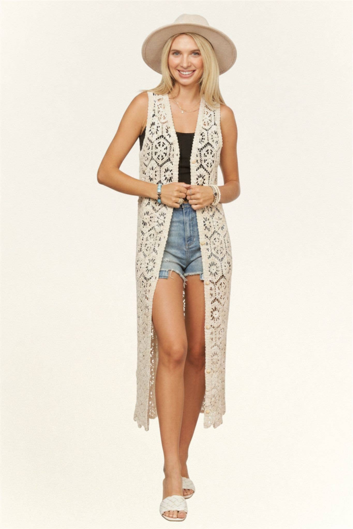 LONG CROCHET CARDIGAN VEST- LEJ4076: BEIGE / SM-ML(3-3)